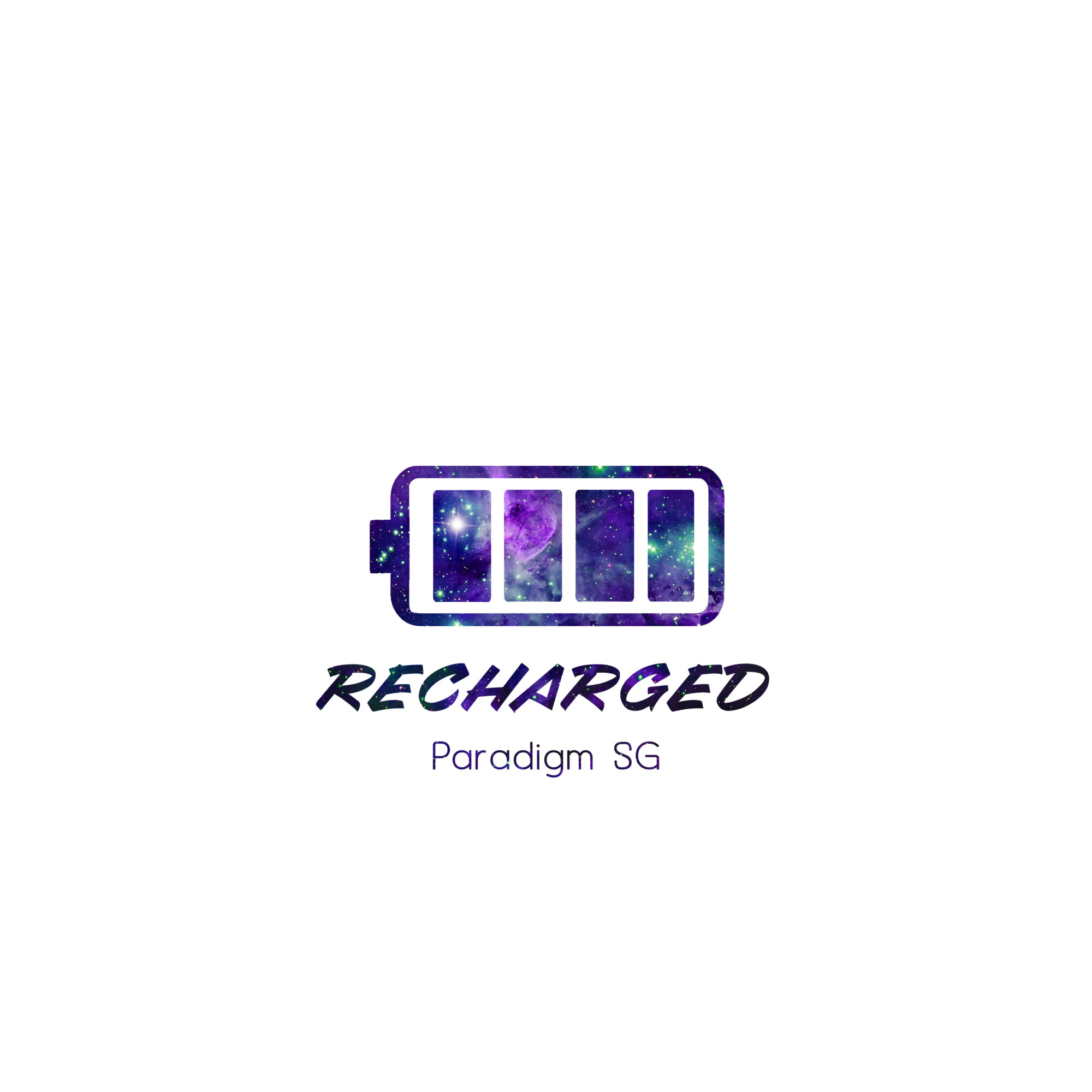 A battery icon with a galaxy pattern, the word RECHARGED, and the text Paradigm SG below, on a white background.
