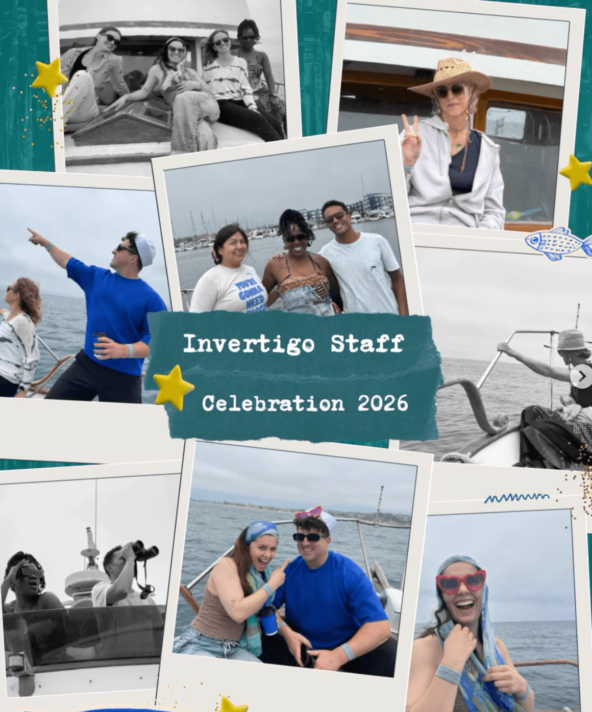 Group of people on boats and at a celebration, some wearing sunglasses and hats, with a marina background.