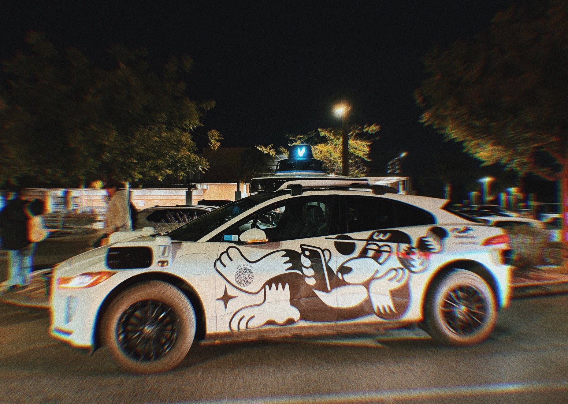 Police car with black and white artwork parked on street at night, trees and streetlights in background.