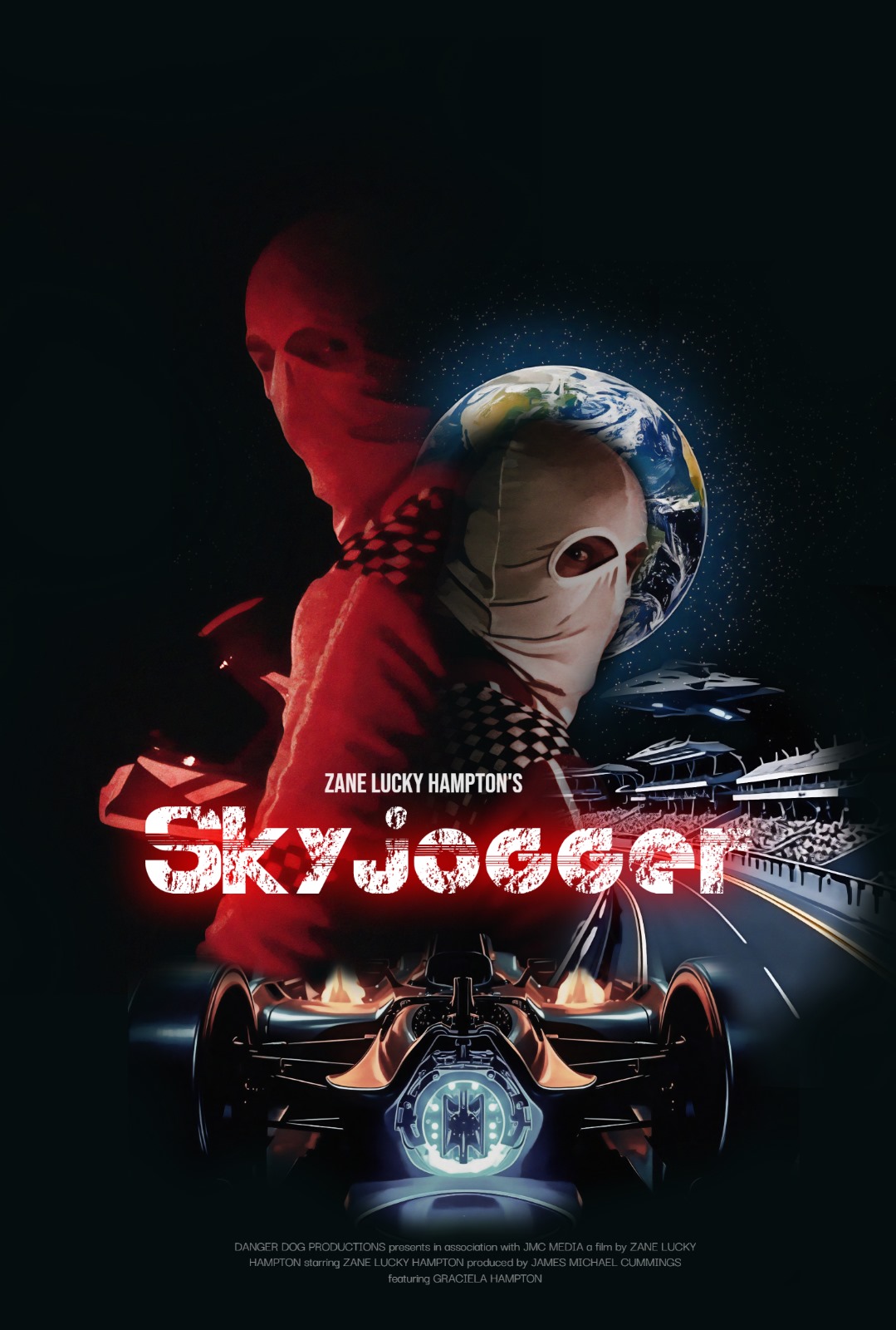 Two masked figures with a planet Earth and a futuristic vehicle, with the title 'Skyvlogger' and the author's name, in a dark background.