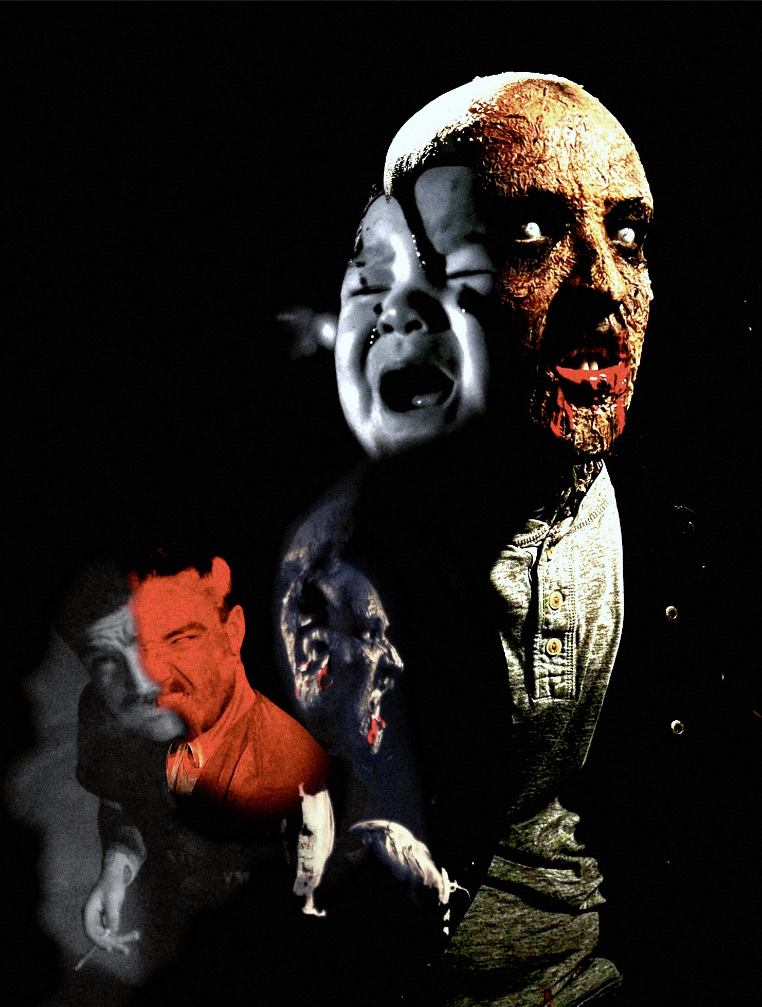 Multiple faces with distressed expressions, dark background, some faces appear in black and white, others in color.