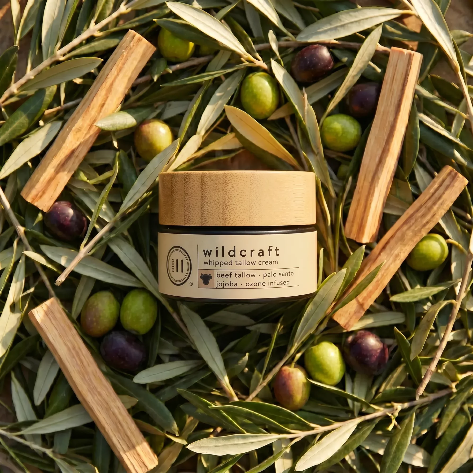 A round container of Wildcraft skincare cream surrounded by green and purple olives and olive leaves.