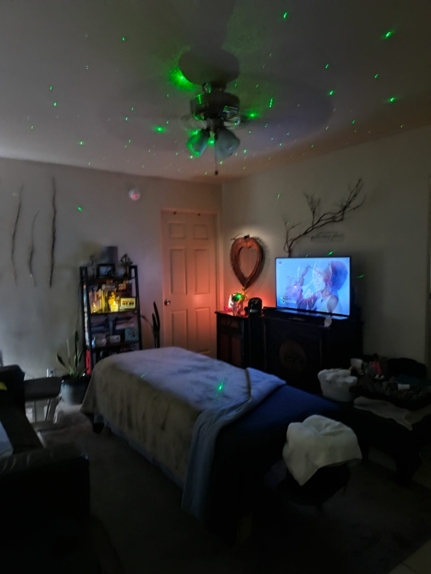 Living room with a bed, TV, and a bookshelf, illuminated by green laser lights on the ceiling.