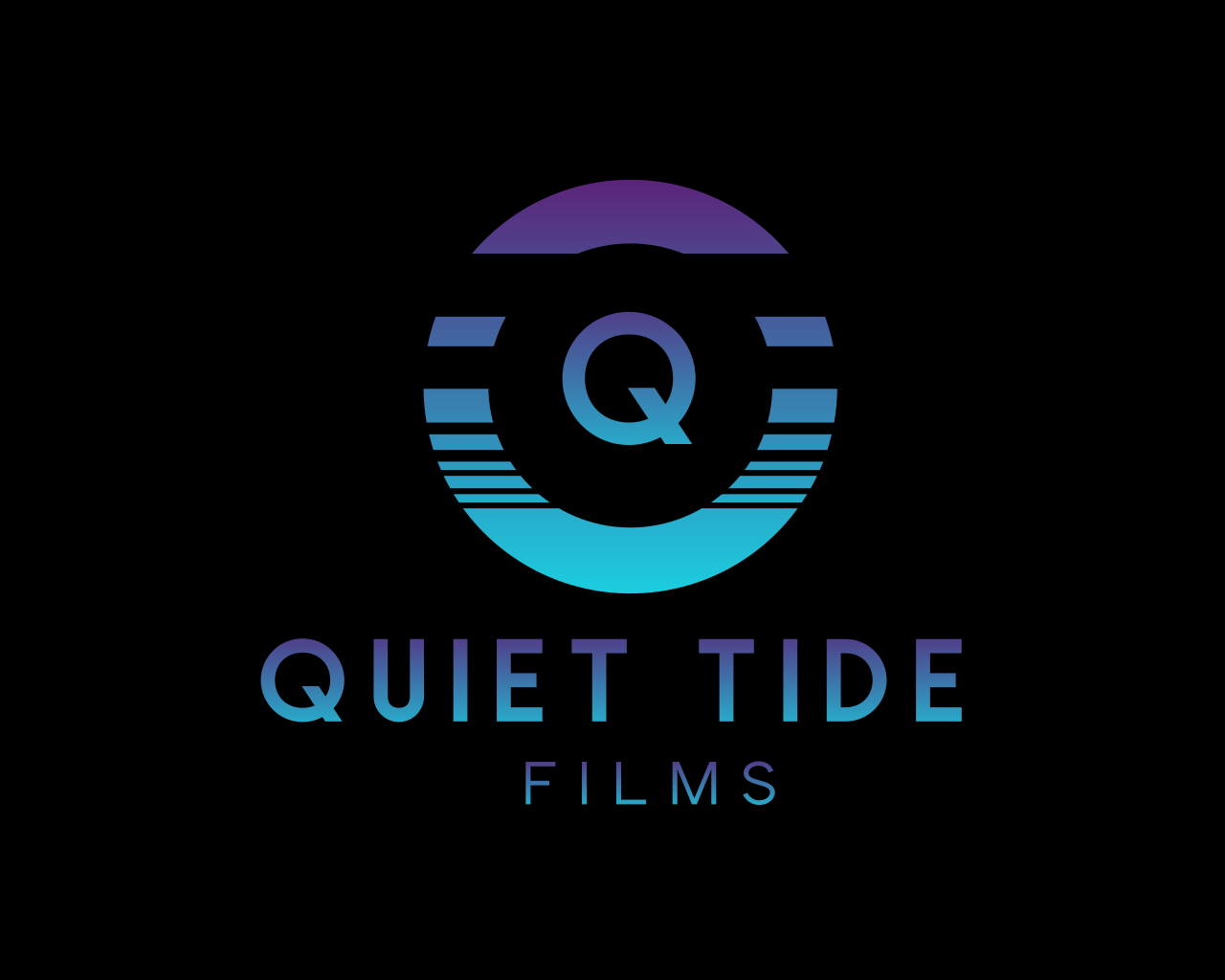 Logo with a circular design, a letter Q, and the text 'Quiet Tide Films' in blue and purple on a black background.