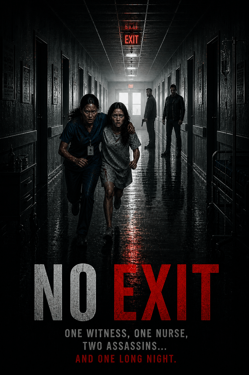 Dark hallway with four people walking, illuminated exit sign at the end, and the text 'NO EXIT' in bold at the bottom.