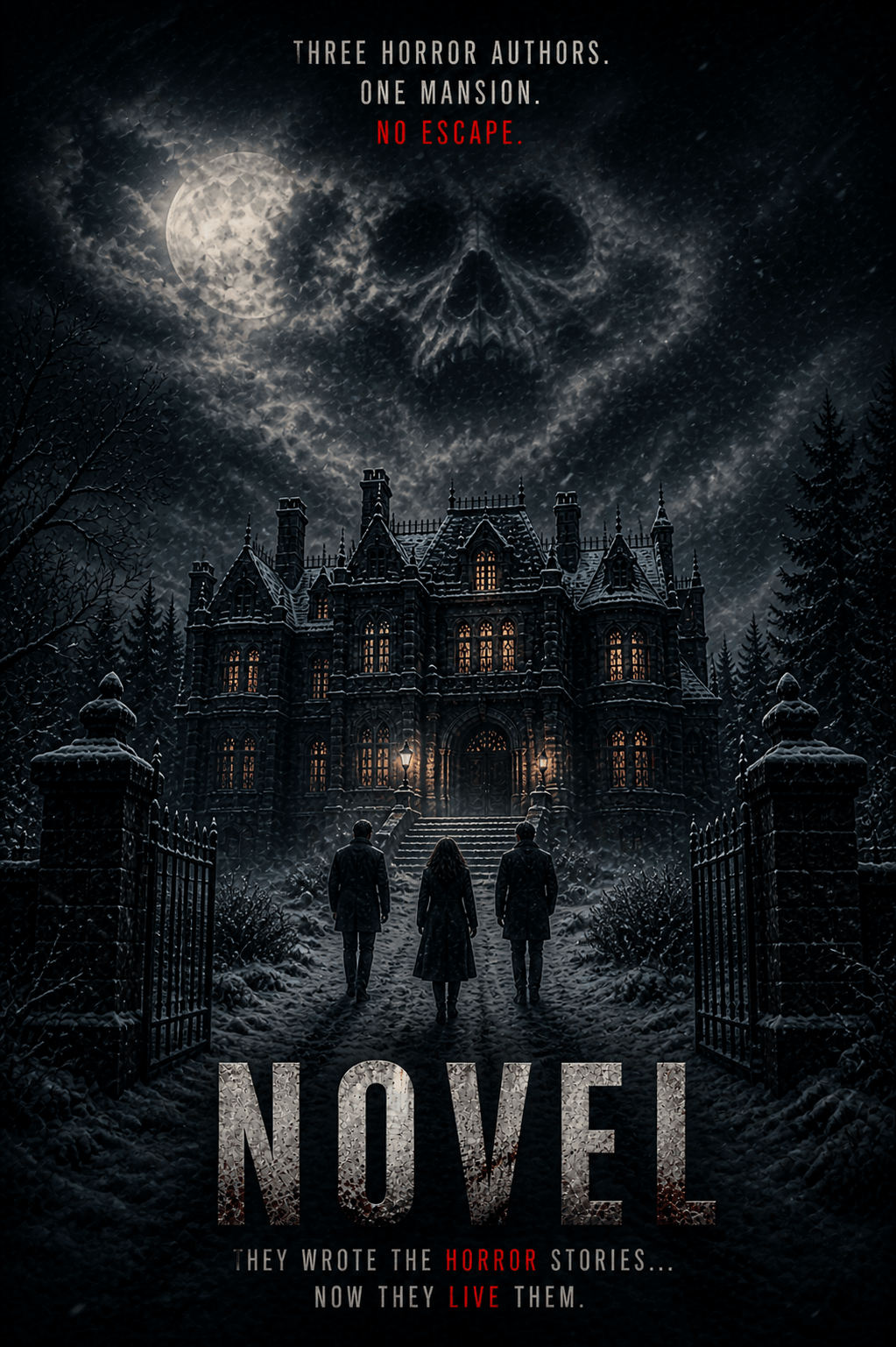 Three people walk toward a large haunted mansion under a starry sky with a skull-shaped cloud, dark trees, and spooky atmosphere.