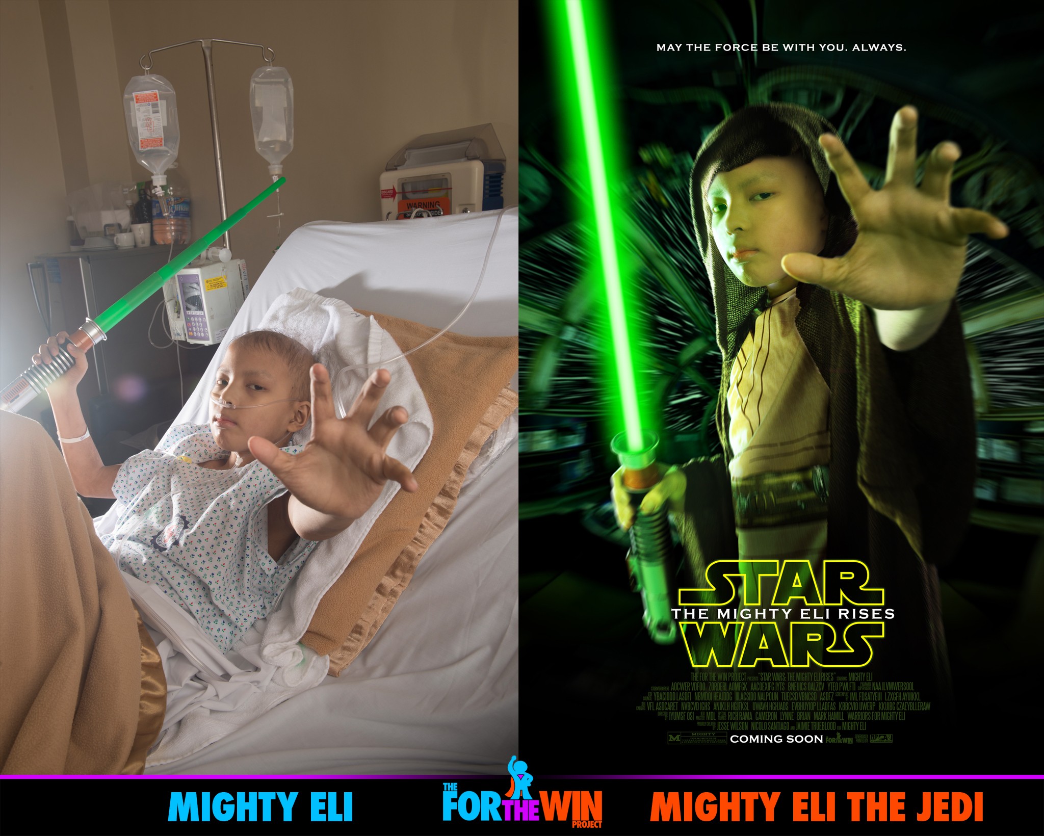 Child lying in hospital bed holding a green lightsaber, with medical equipment in background, and another image of a child with a lightsaber.