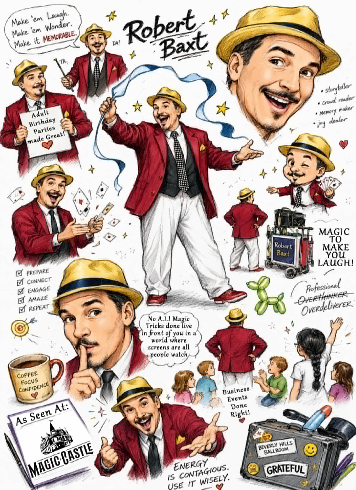 Illustration of Robert Baxt performing magic tricks with a yellow hat, red jacket, and a mustache, surrounded by children and magic props.