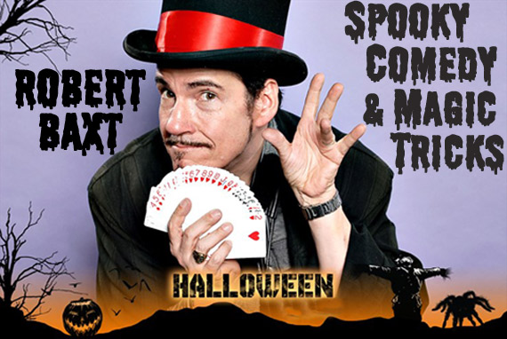 Man in a top hat holding playing cards, with Halloween and spooky comedy text, pumpkins, and a silhouette landscape.