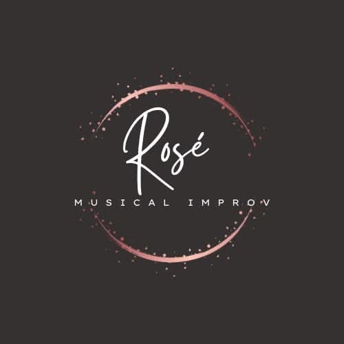 Logo with pink circular design, text 'Rosé' and 'Musical Improv' on black background.