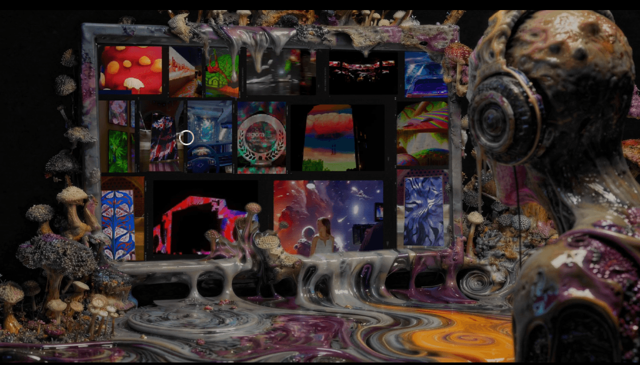 A colorful, abstract digital art scene with multiple screens displaying vibrant patterns and a large robotic figure on the right.