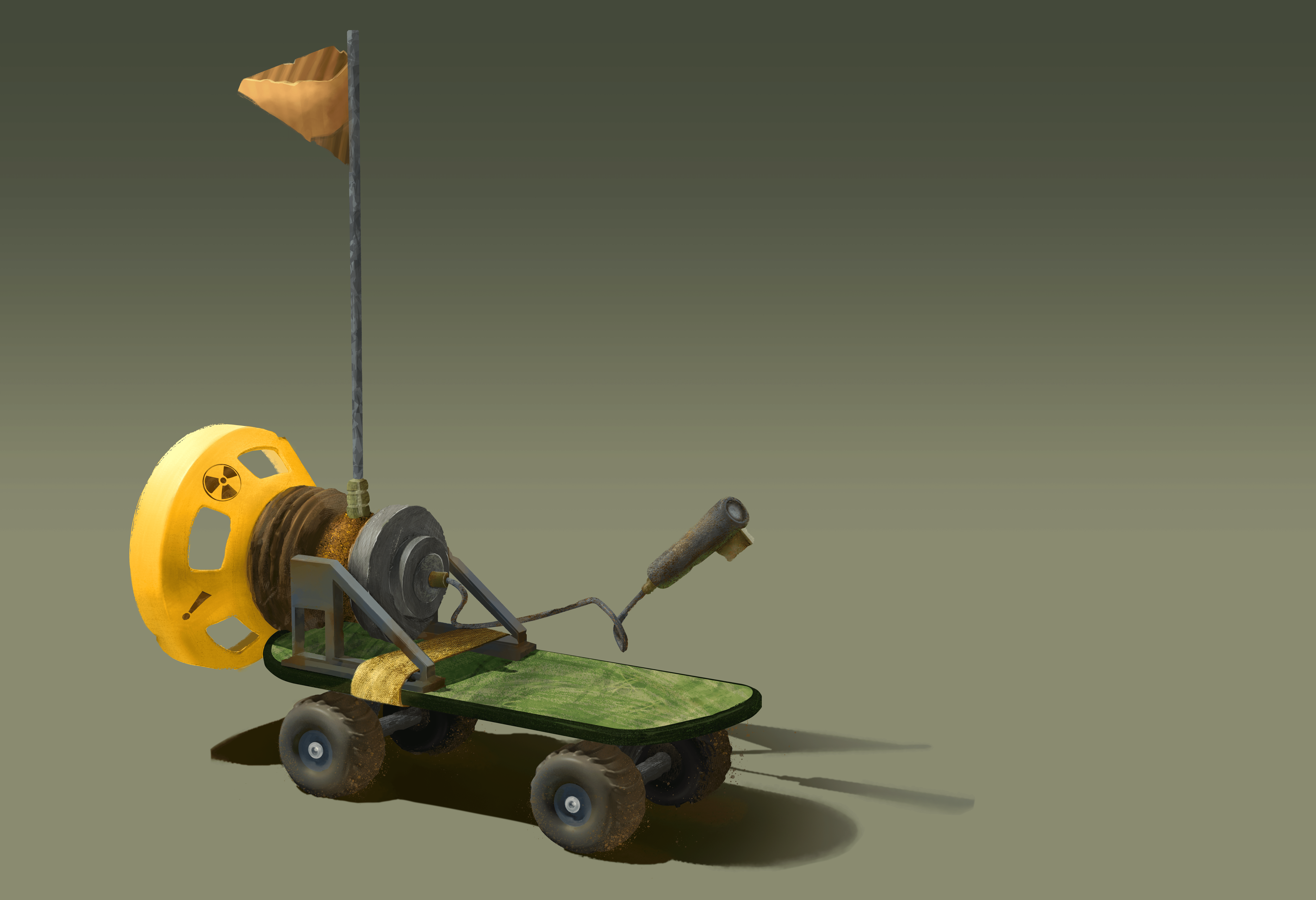 A small remote-controlled vehicle with a yellow reel, antenna, and a green platform, on a plain background.