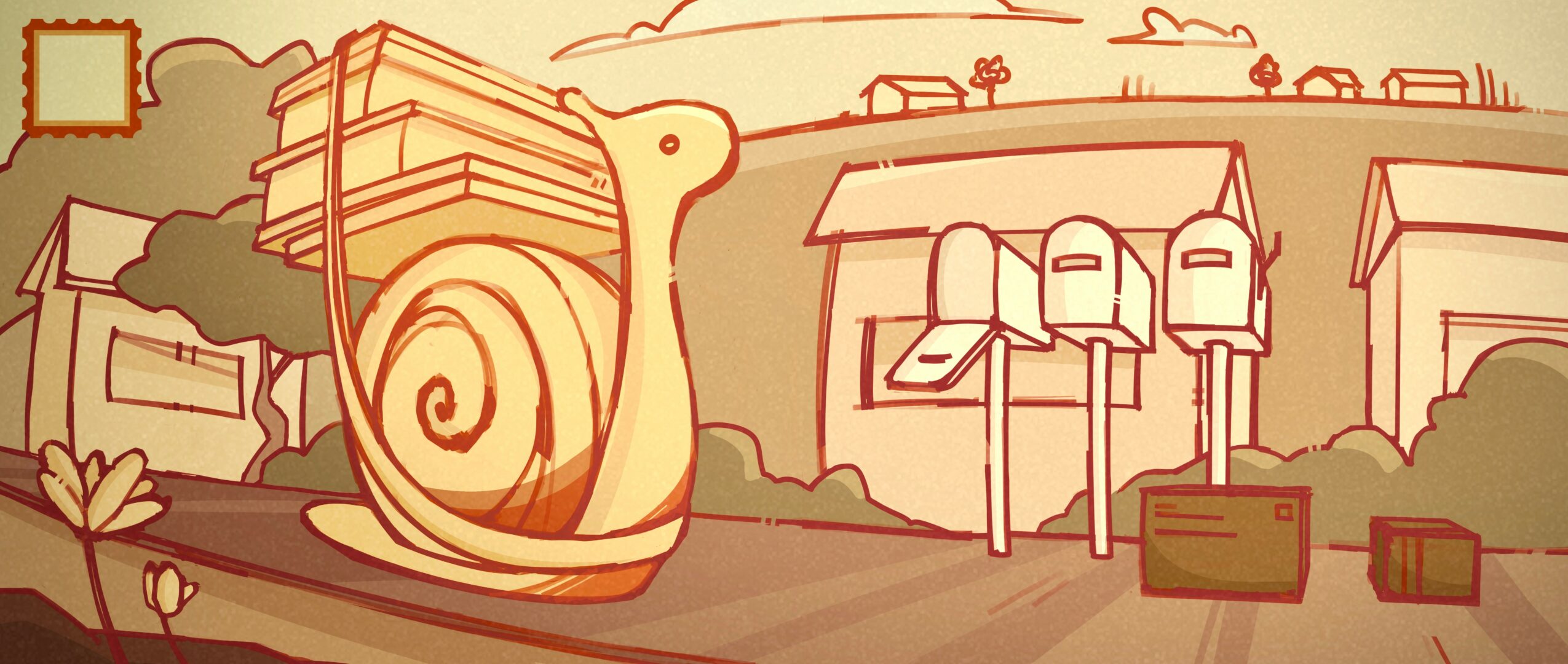 A snail sculpture with a spiral shell in a park, buildings and trees in the background, in a stylized illustration.