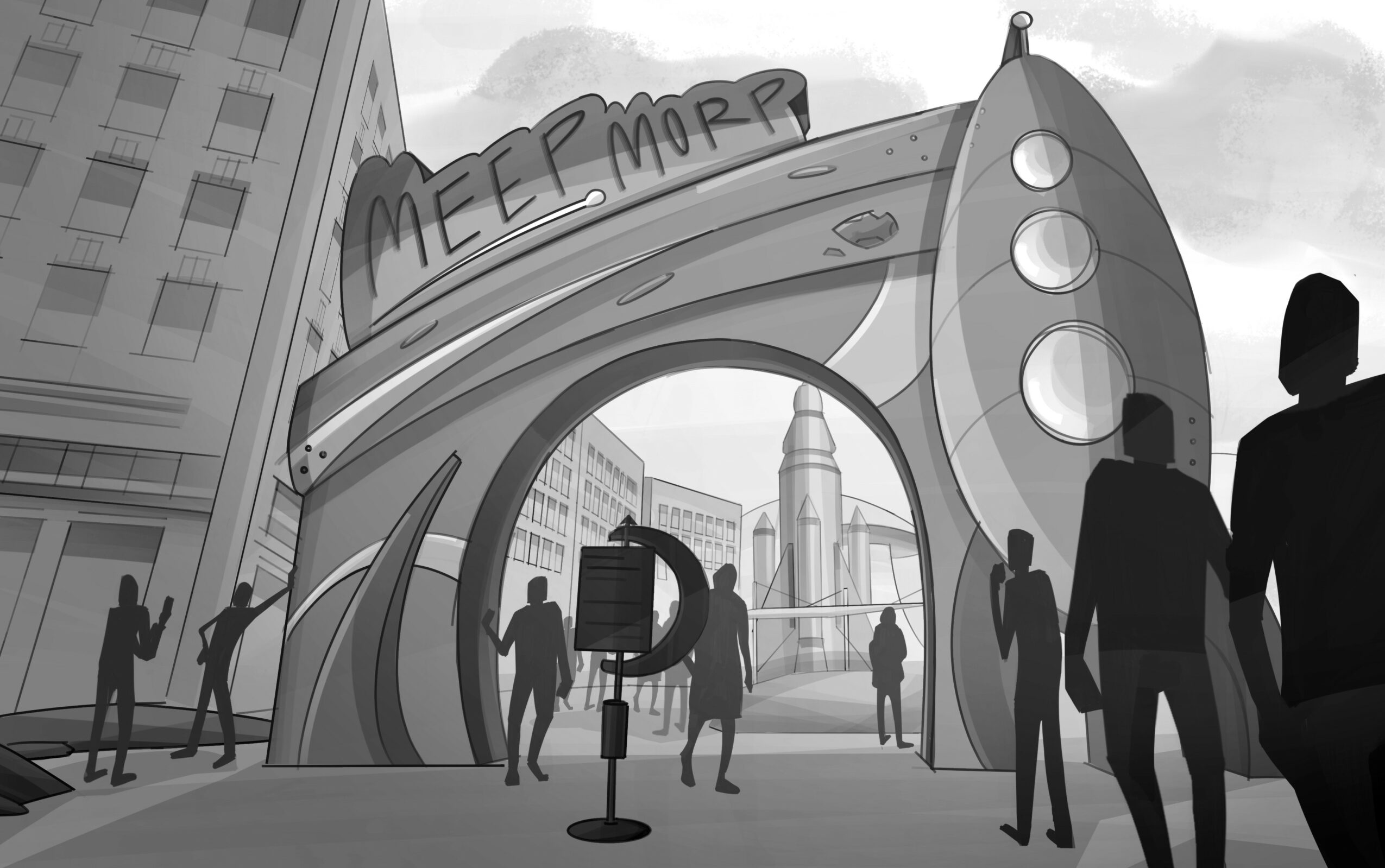 Futuristic city scene with a rocket-shaped entrance and people walking, some taking photos, in grayscale.