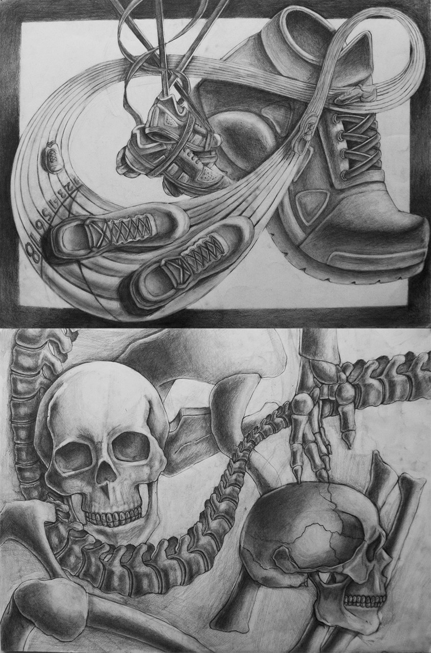 Drawing of a sneaker, headphones, and a belt with a skull, bones, and a brain, all in black and white.