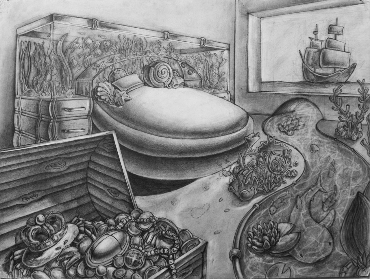 Sketch of a bedroom with a bed, ship painting, treasure chest, and various objects on a table and floor.