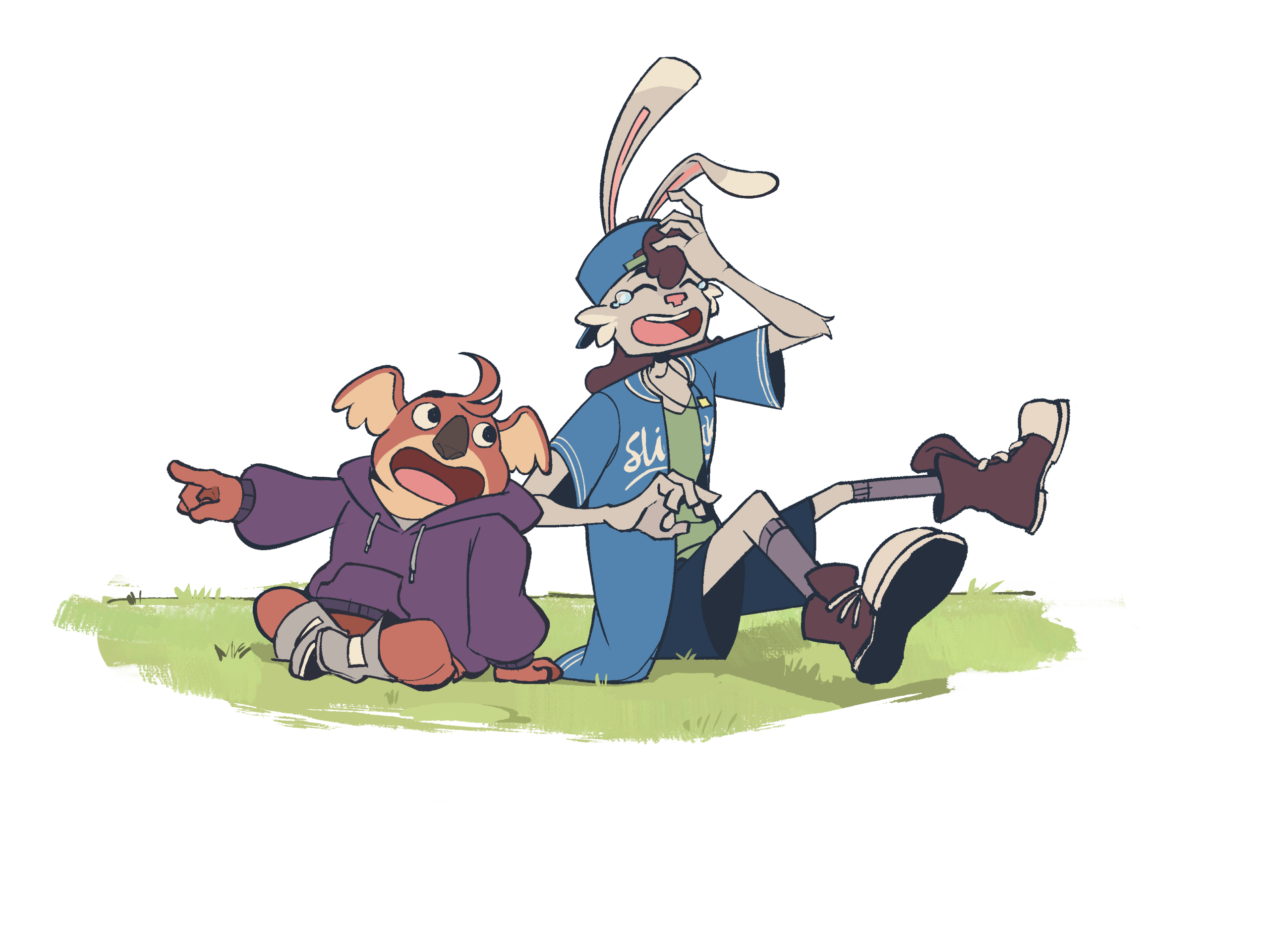 Two animated characters, a dog and a rabbit, sitting on grass, with the dog pointing and the rabbit smiling, holding a stick.