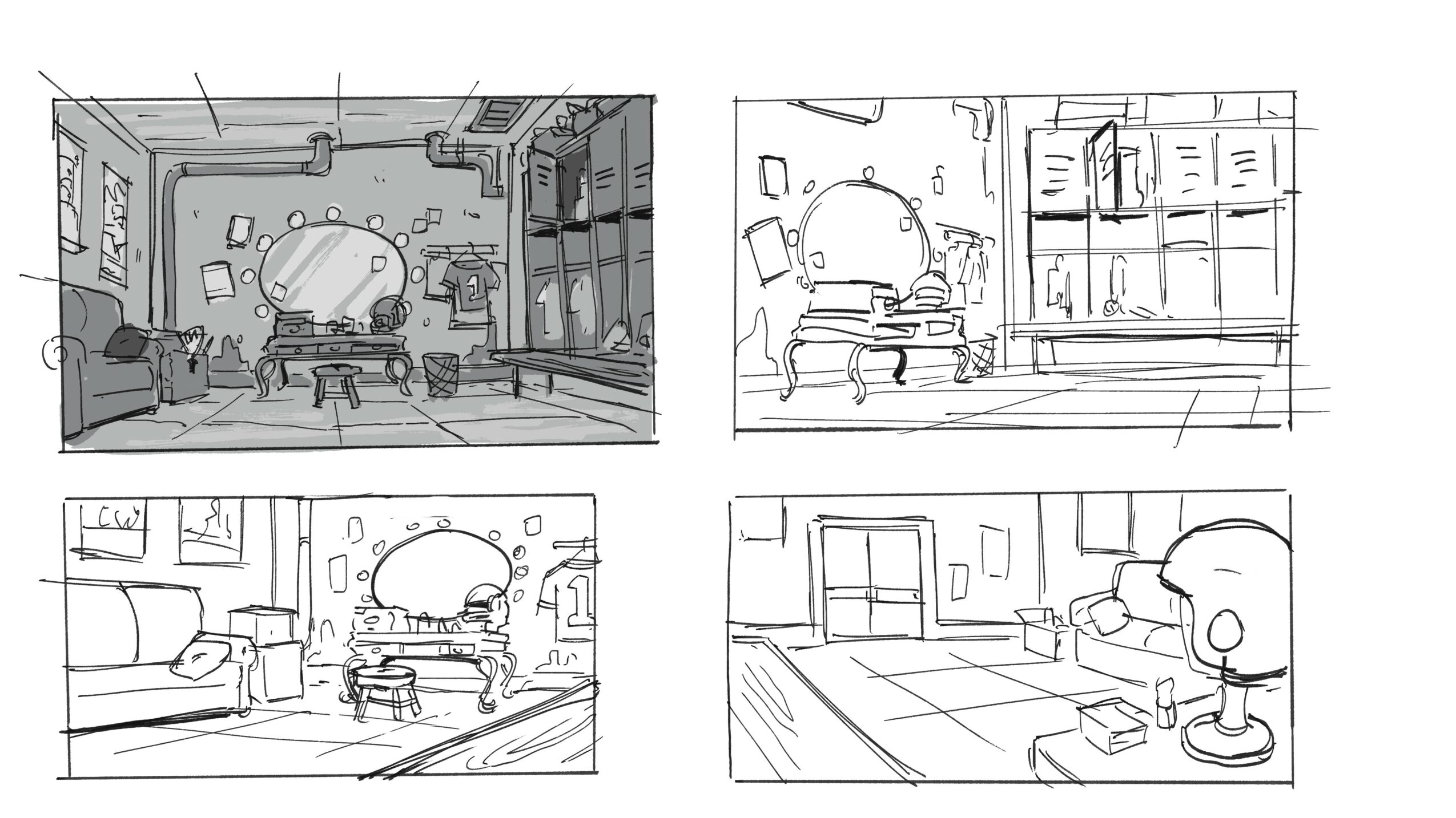 Four-panel black and white sketch of a room with a round table, bookshelf, and a person sitting at the table.