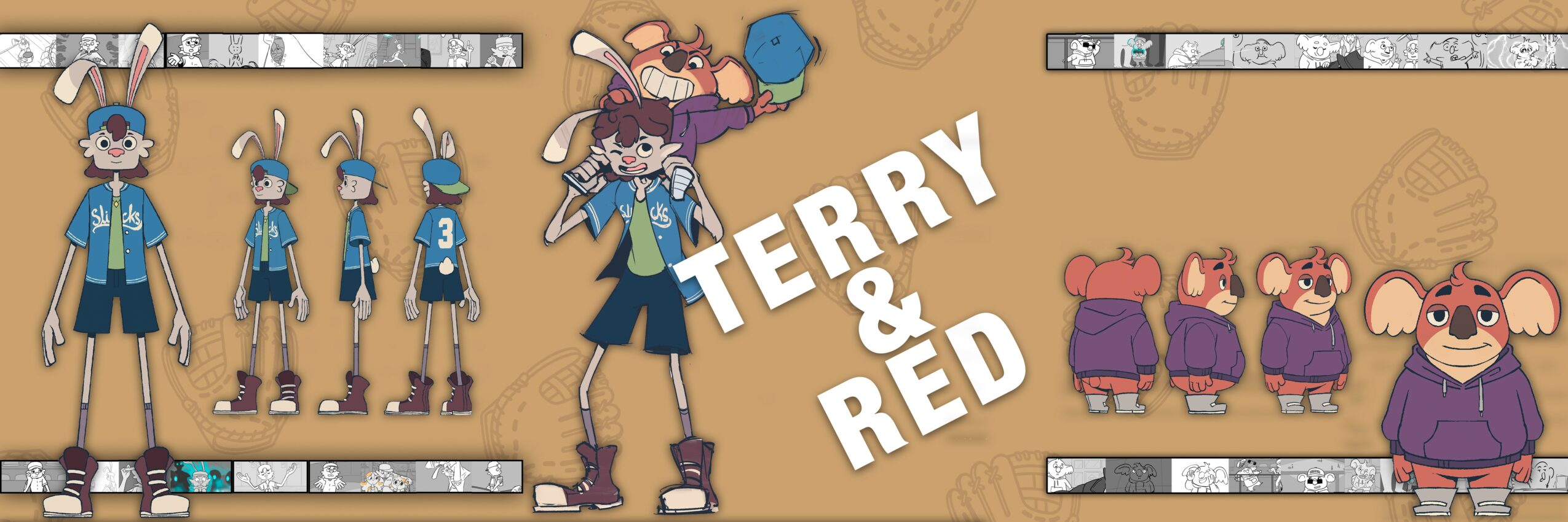Group of animated characters, some standing and some sitting, with text 'TERRY RED' in the image.
