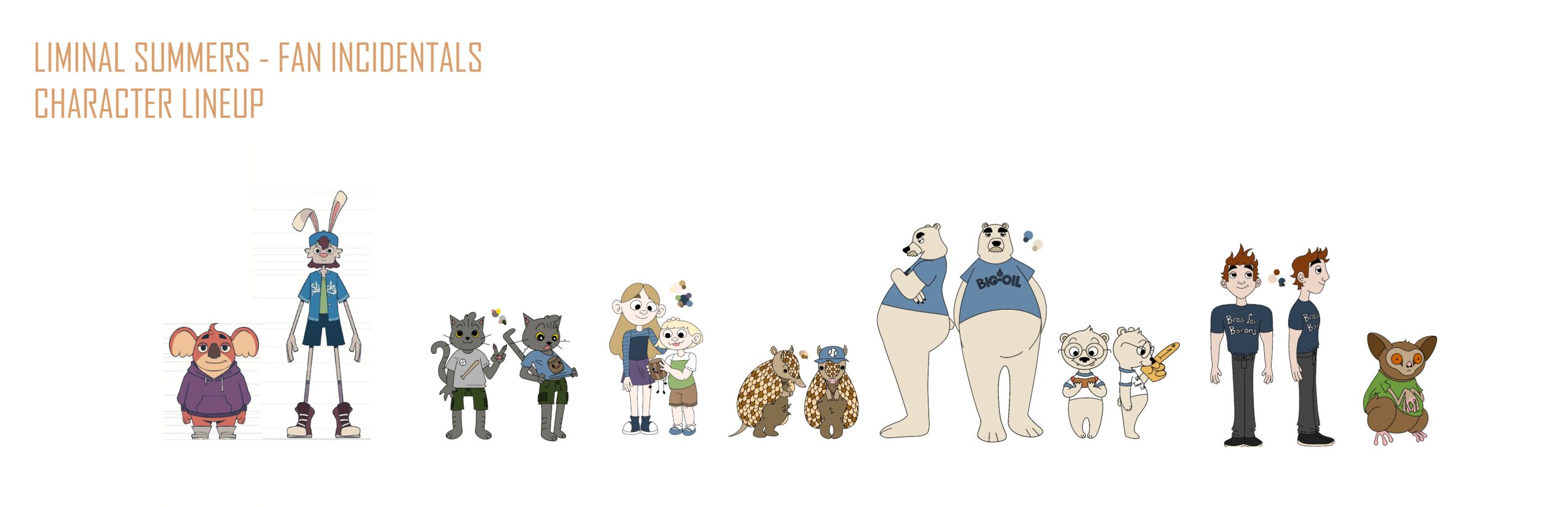 Lineup of animated characters including animals and people, standing side by side, with a white background.