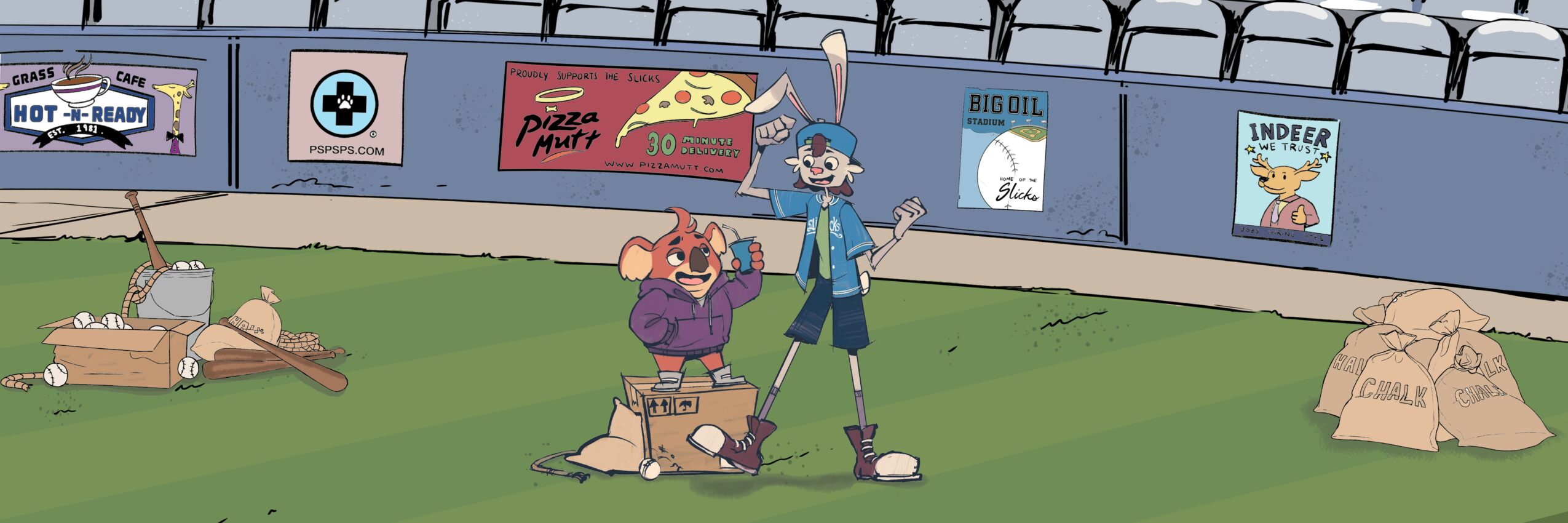 Two cartoon characters in a sports field, one sitting on a box and the other standing, with rocks and advertisements in background.