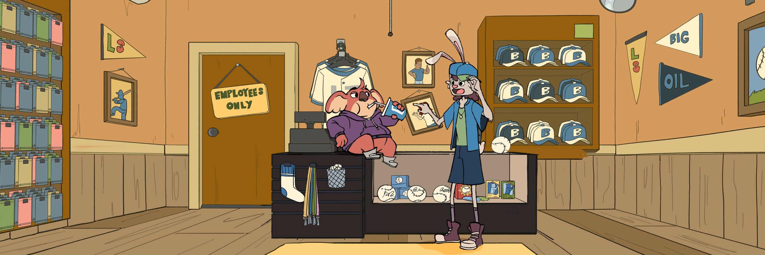 Two people inside a store with shelves of helmets and a display counter, one person sitting and the other standing, door in background.