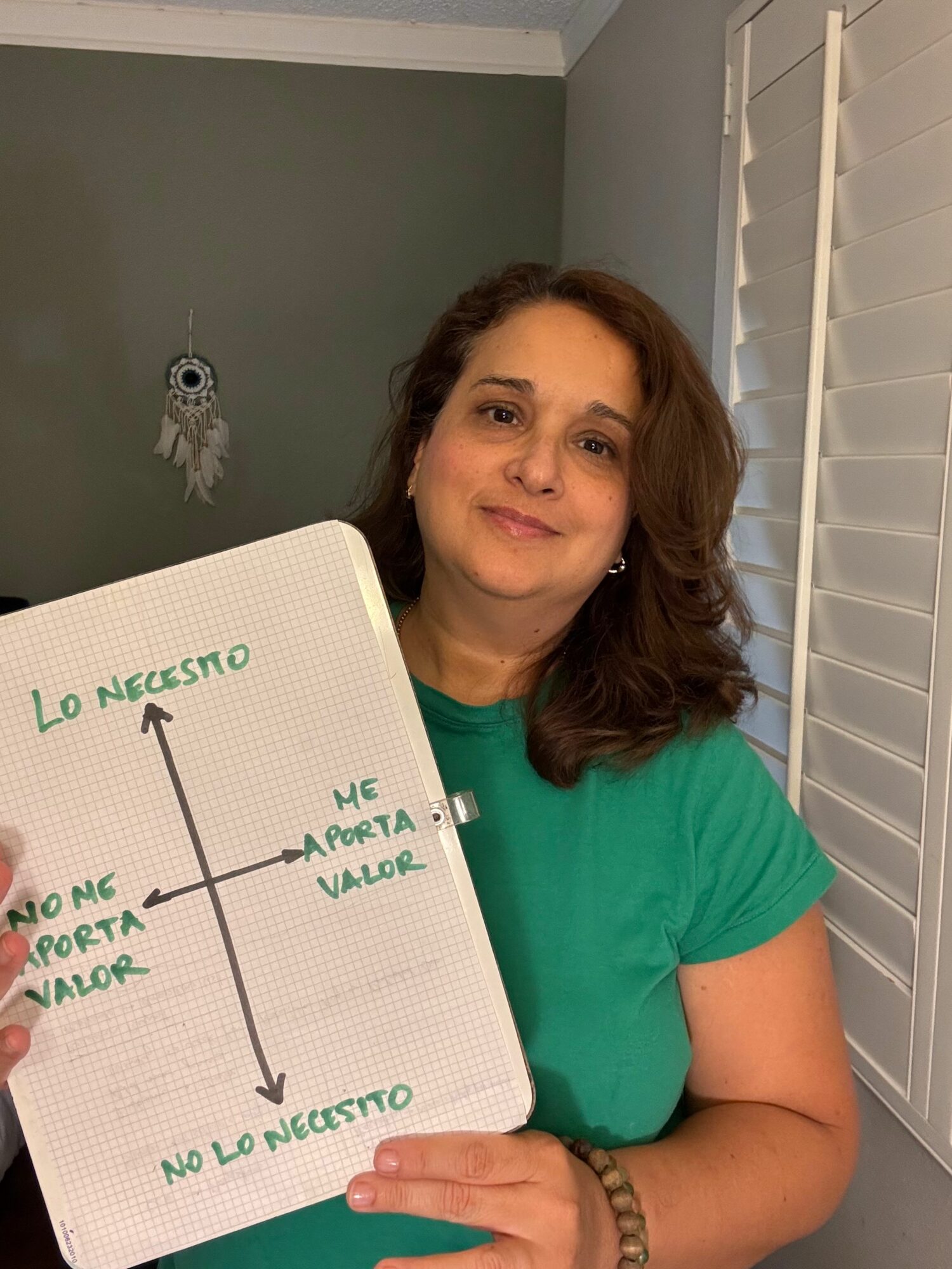 Woman with brown hair in a green shirt holding a whiteboard with handwritten notes, standing in front of a wall with a small decoration.