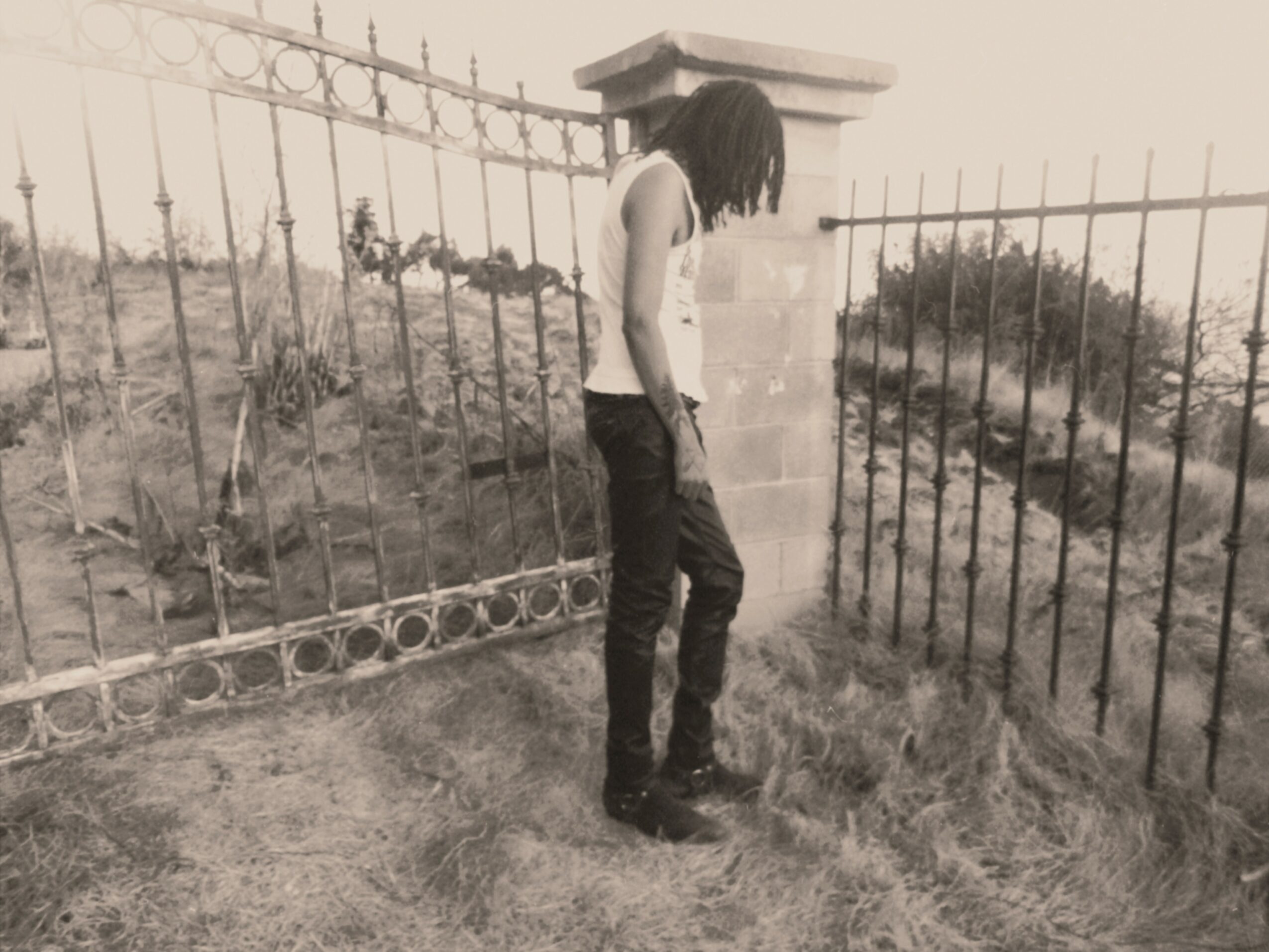 Person with long hair standing near a metal fence on a grassy area, facing away from the camera.