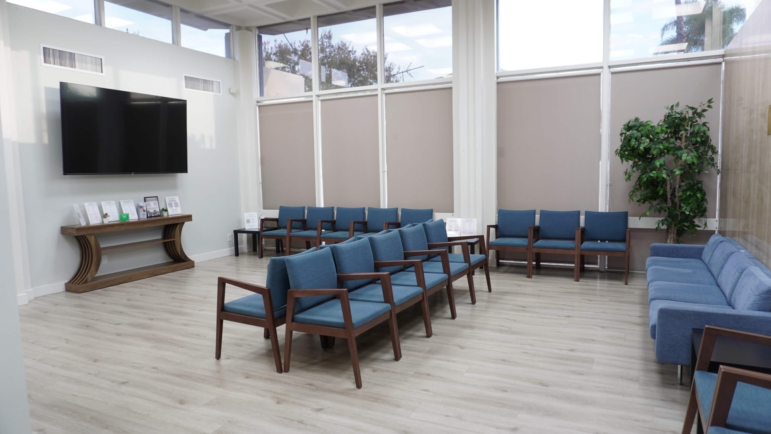 Waiting room with blue chairs, a large window, a wall-mounted TV, and a potted plant, arranged in a spacious layout.