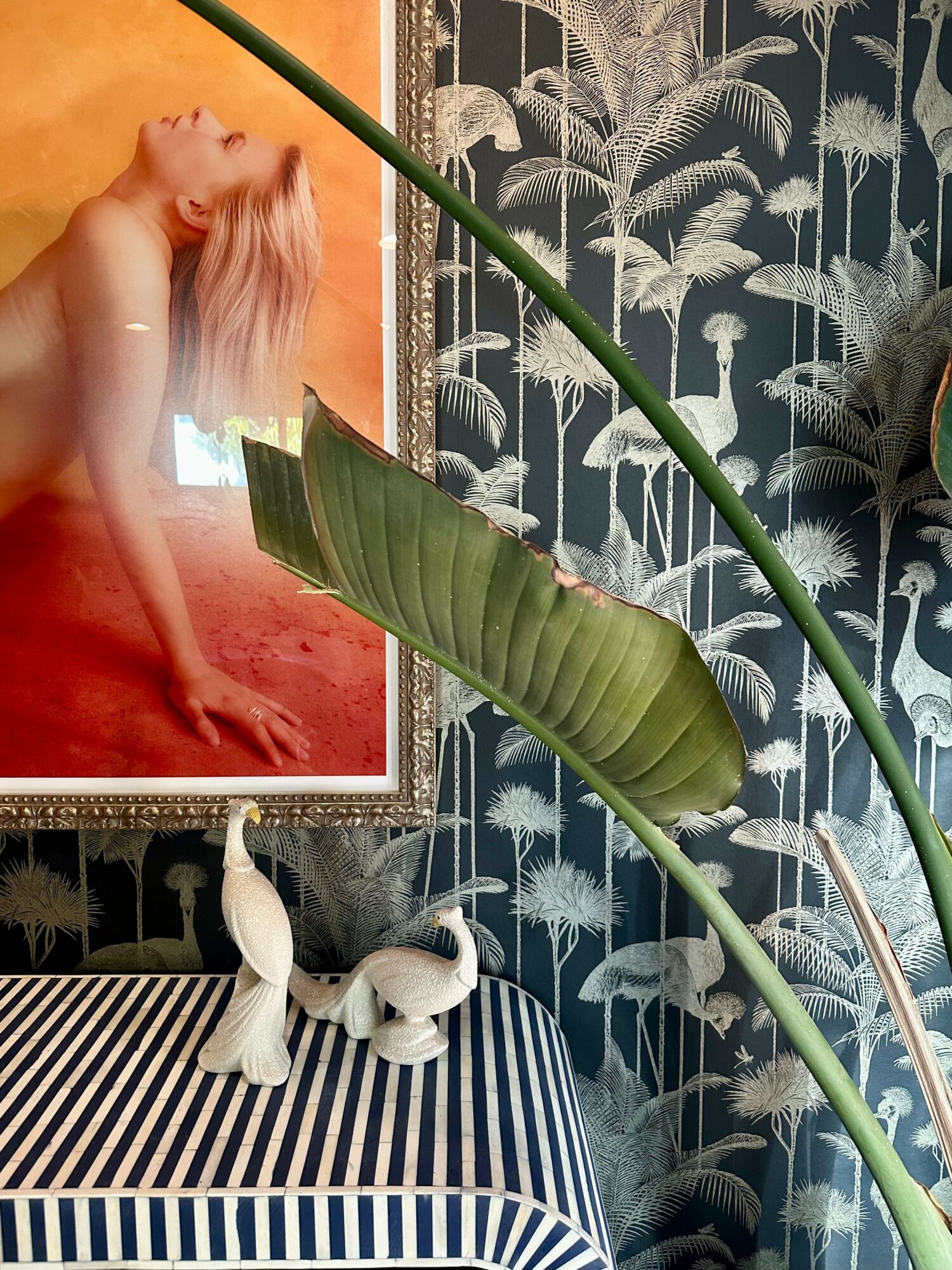 Indoor scene with a large green plant, a framed photo of a woman, and decorative white birds on a striped tablecloth.