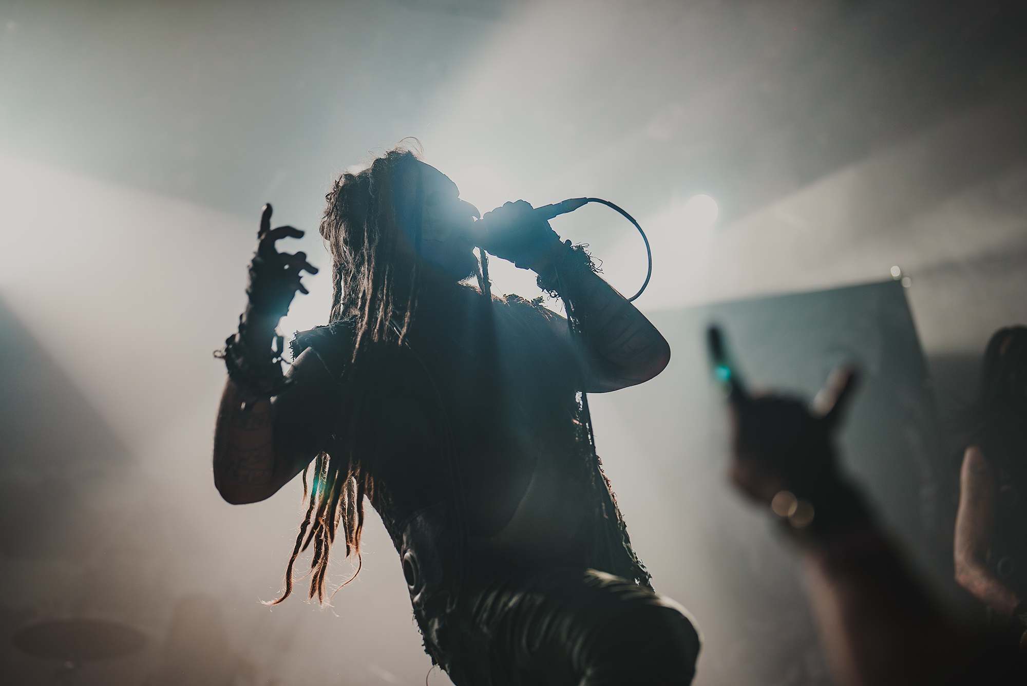 Performer with long hair singing into a microphone on stage with bright backlighting, audience hand visible in foreground.