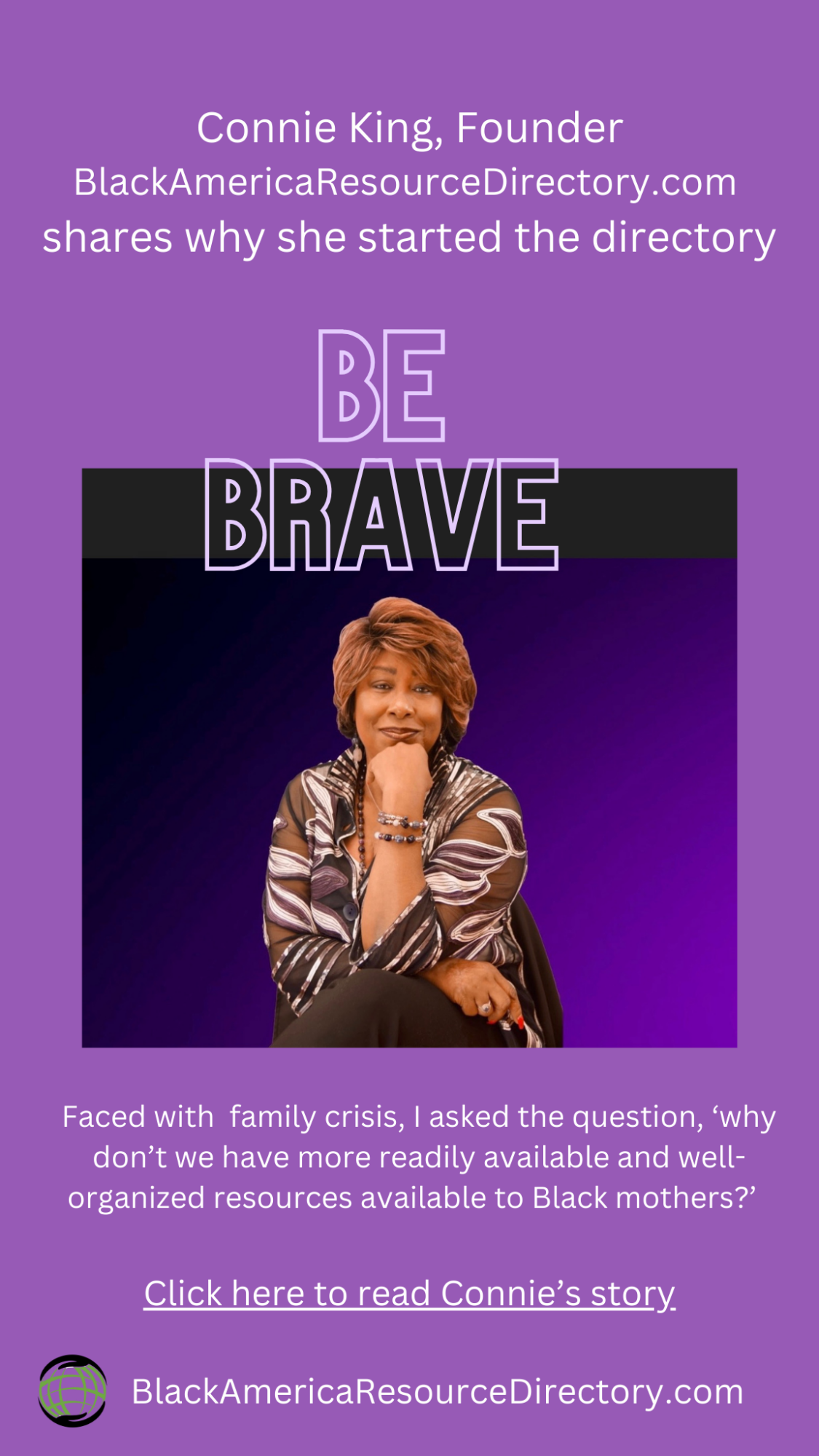Connie King, founder, smiling with hand on chin, purple background, text about her and BlackAmericaResourceDirectory.com, and a photo of her.