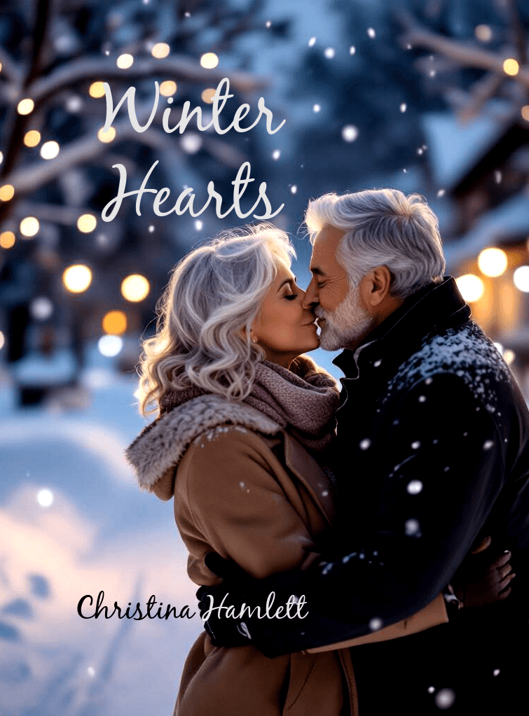 A couple with gray hair embraces outdoors in winter, snow falling, with blurred lights in the background, titled 'Winter Hearts'.