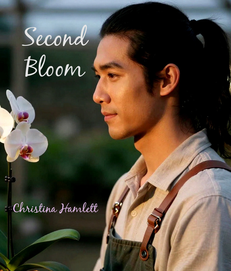 Profile of a person with long dark hair, wearing a beige shirt and apron, standing near a white orchid flower, outdoors.