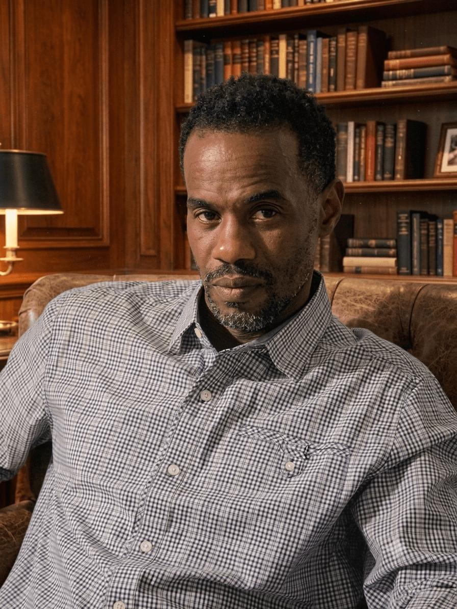 Man with short curly hair and a beard, wearing a checkered shirt, sitting on a leather sofa in a room with wooden bookshelves.