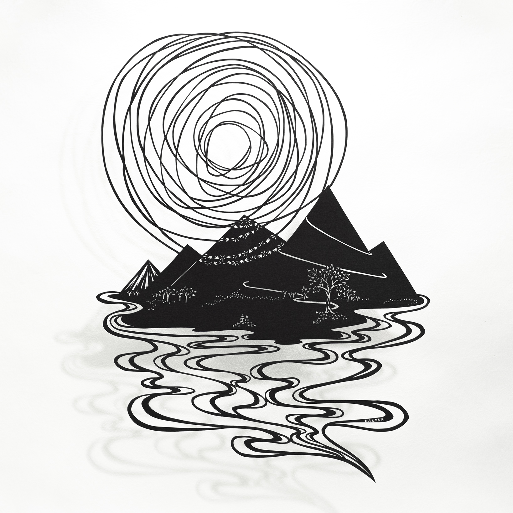 Abstract black mountain with water reflections and a spiral pattern above, on a white background.