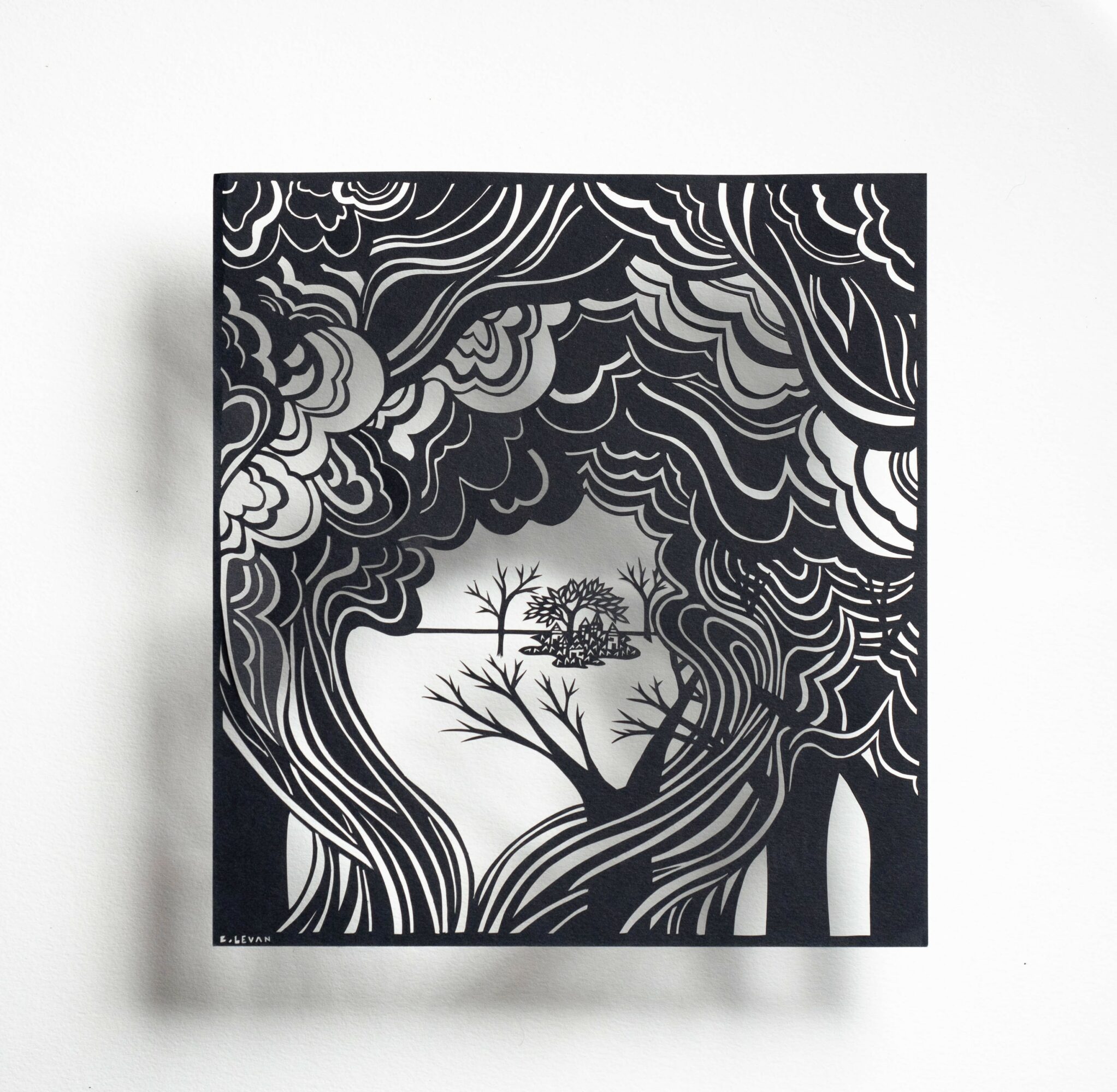 Black and white paper-cut style illustration of trees and clouds, with a small house in the background.