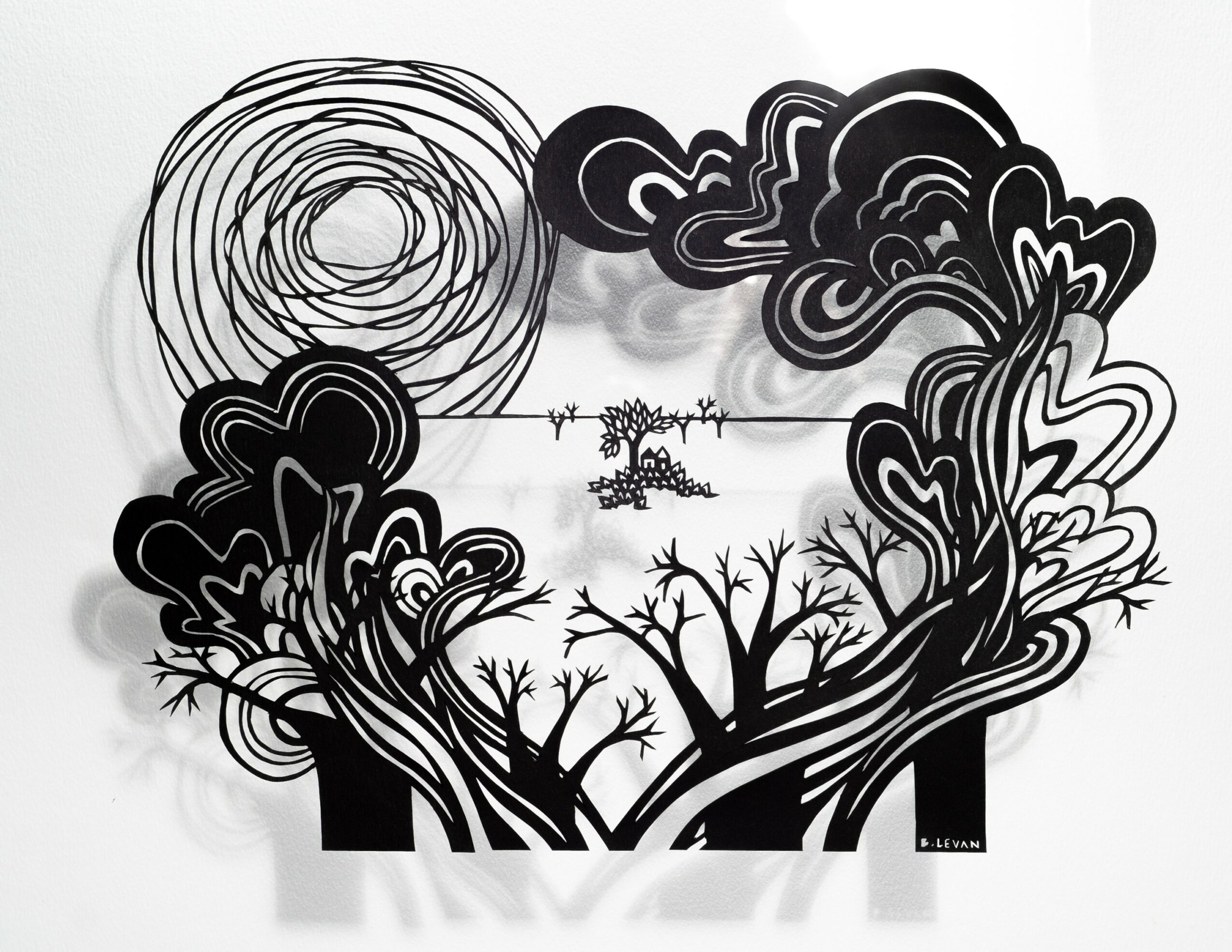 Black and white abstract drawing of trees, clouds, and a sun with swirling lines and patterns.