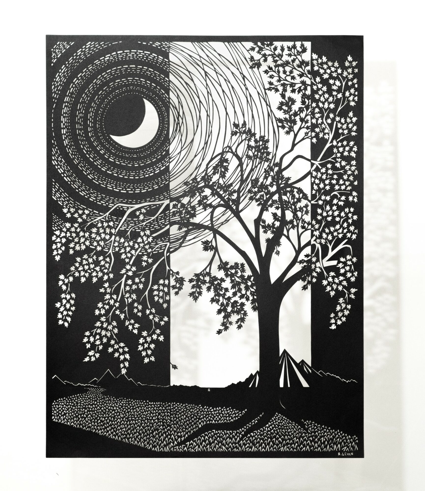 Silhouette of a tree with detailed branches and leaves, a crescent moon, and a starry sky, in black and white.
