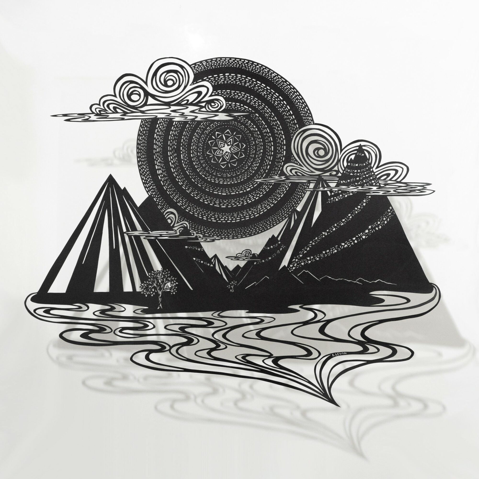 Black and white illustration of mountains, clouds, and a large spiral sun or moon with reflections on water.