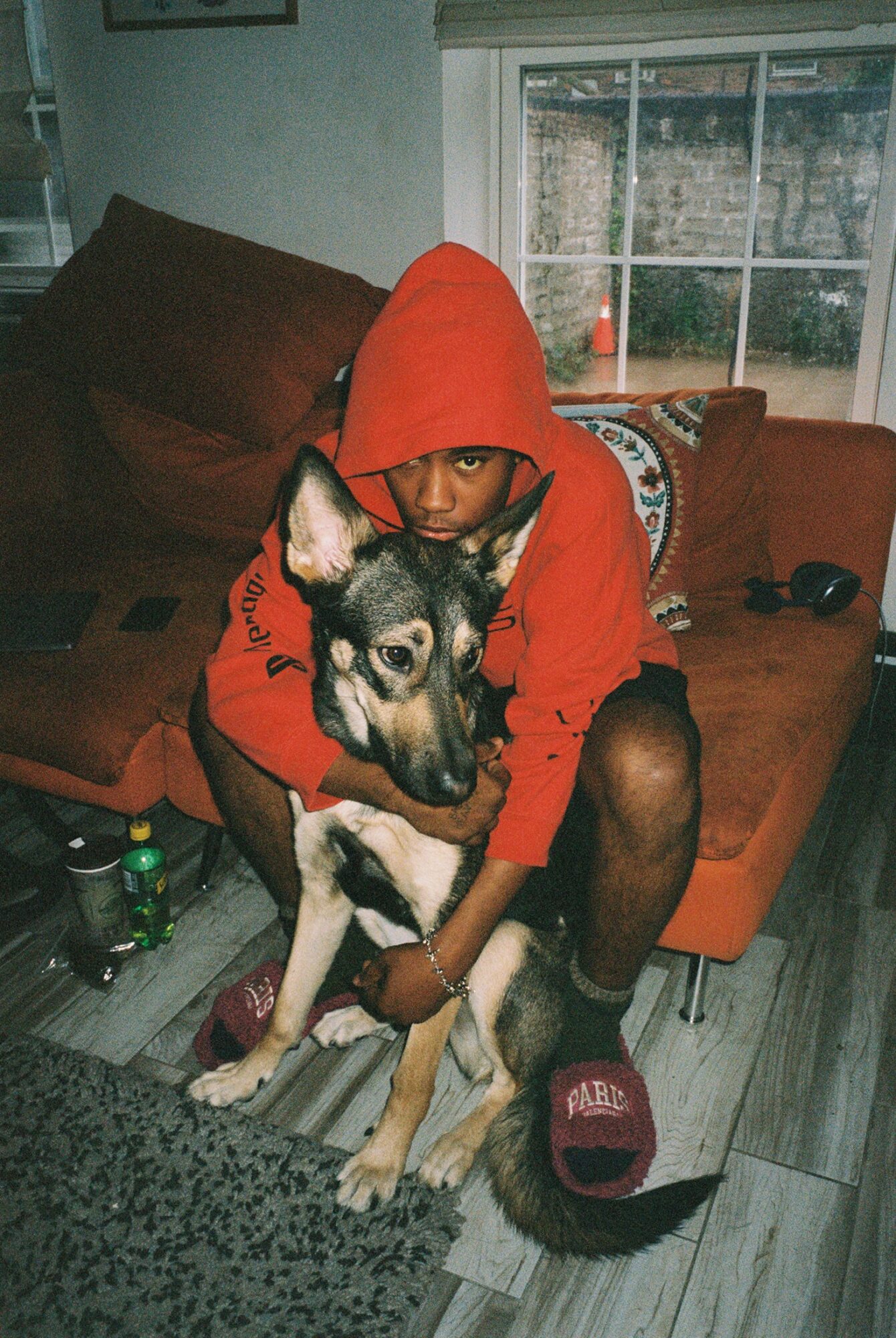 Child in red hoodie sitting on sofa with a husky dog, holding its front paws, in a room with a window and wooden floor.