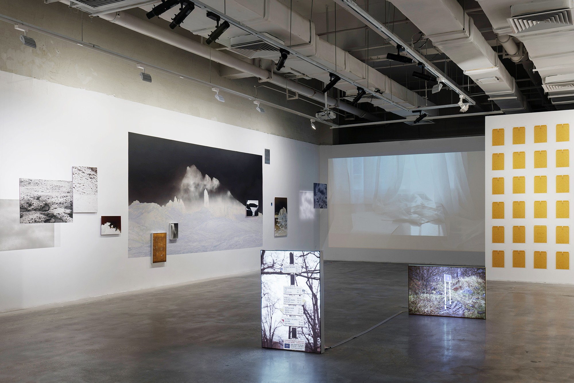 Art gallery with large black and white photographs, a projection, and a yellow grid pattern wall, with a polished floor.