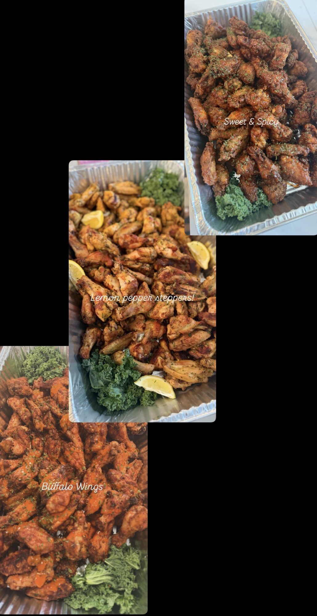 Three images of fried chicken wings on a tray with lemon wedges and greens, viewed from different angles.