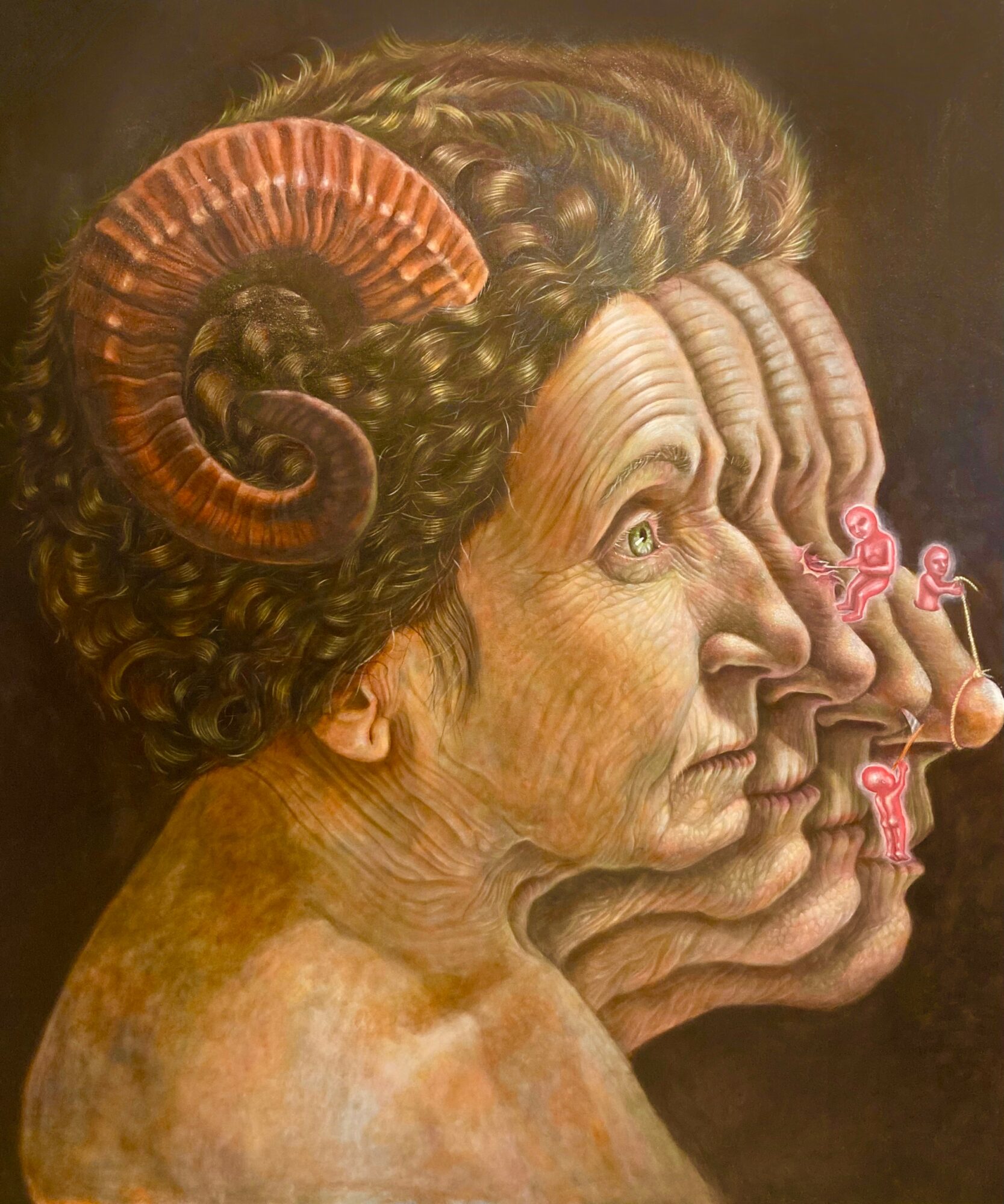 A surreal painting of a woman with multiple faces and a ram's horn on her head, blending into a dark background.