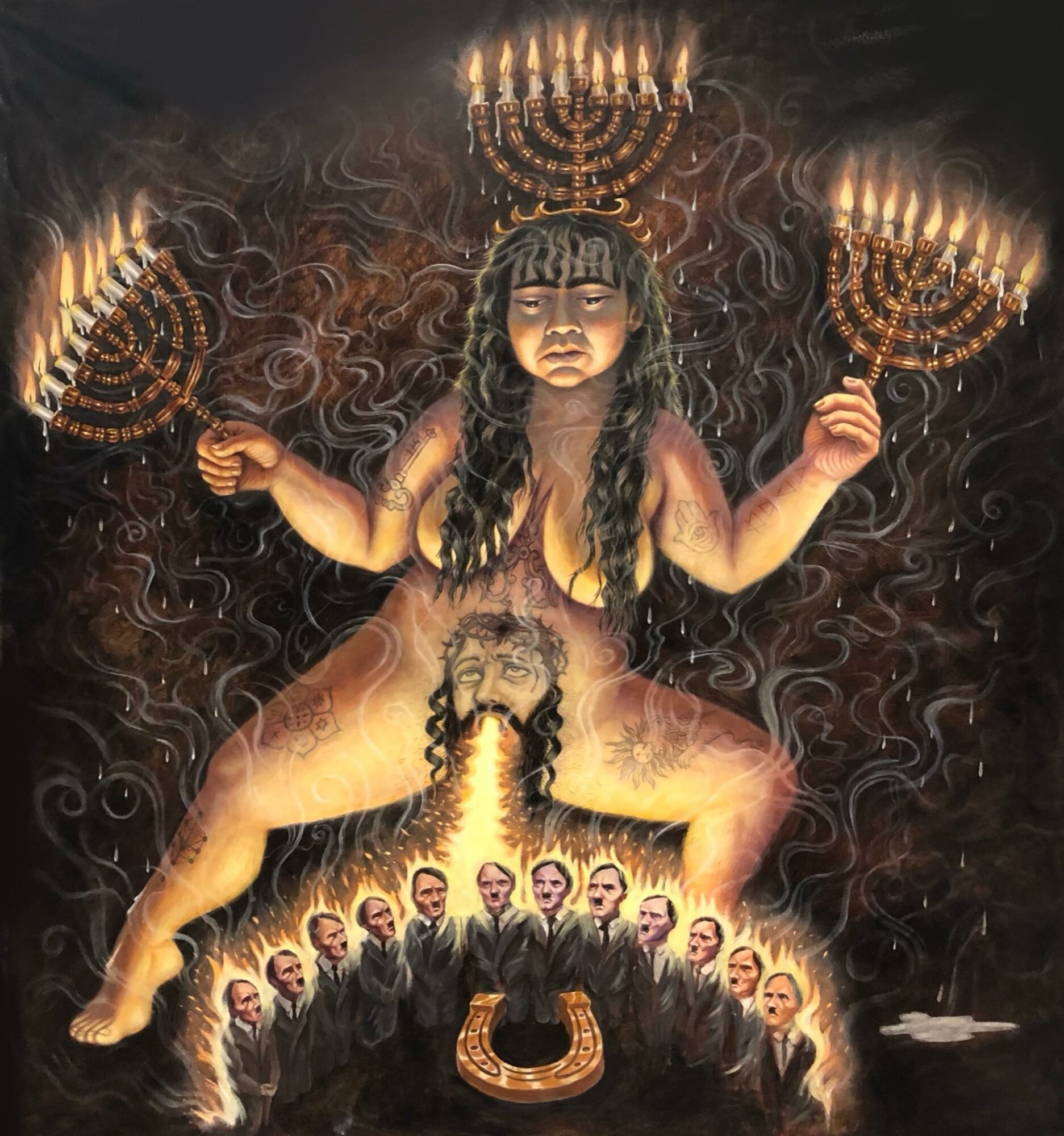 A woman with multiple arms holding menorahs, surrounded by a group of people, with a dark background and glowing elements.