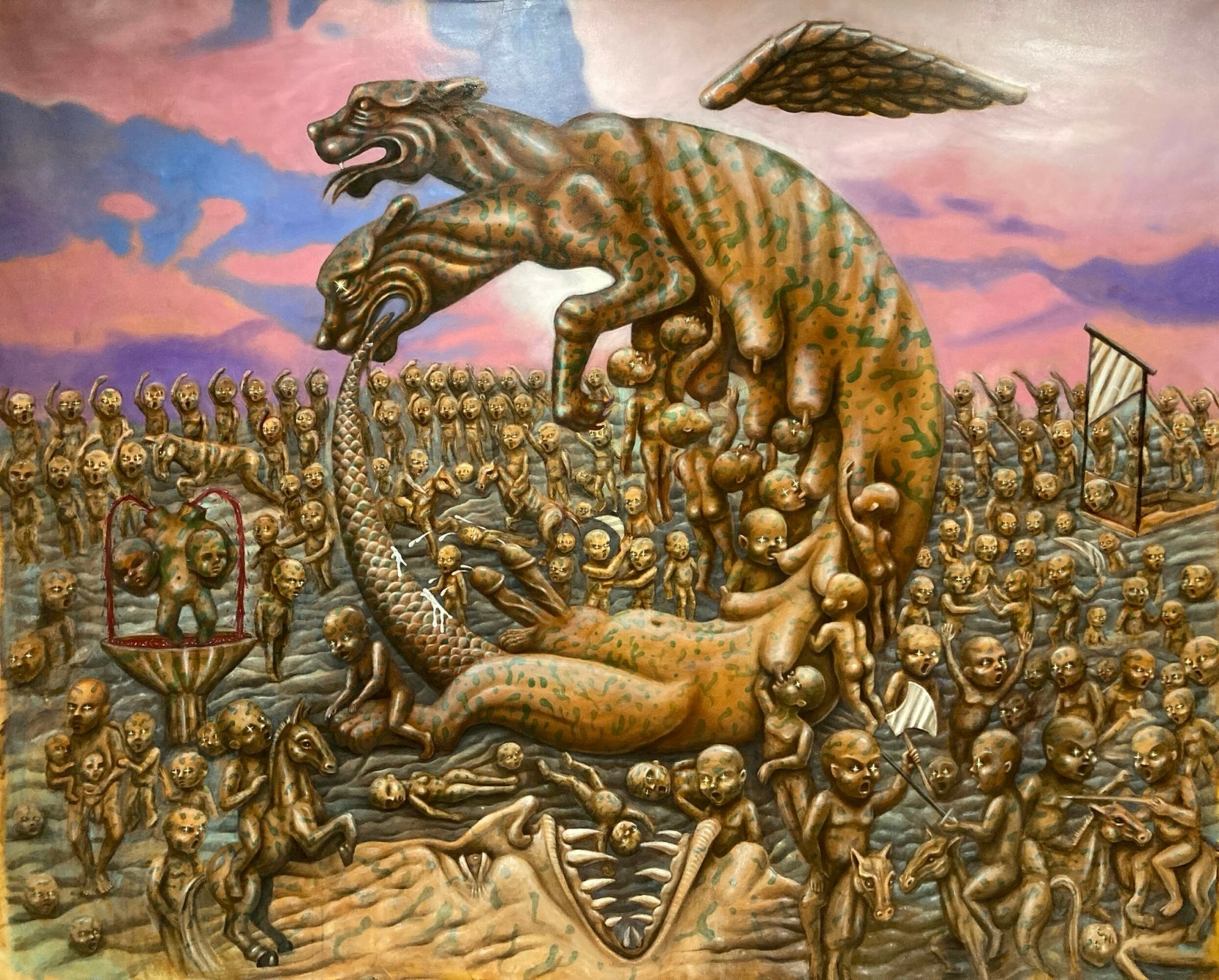 A large mythical creature with multiple heads and wings dominates a scene of numerous small humanoid figures, set against a colorful sky.