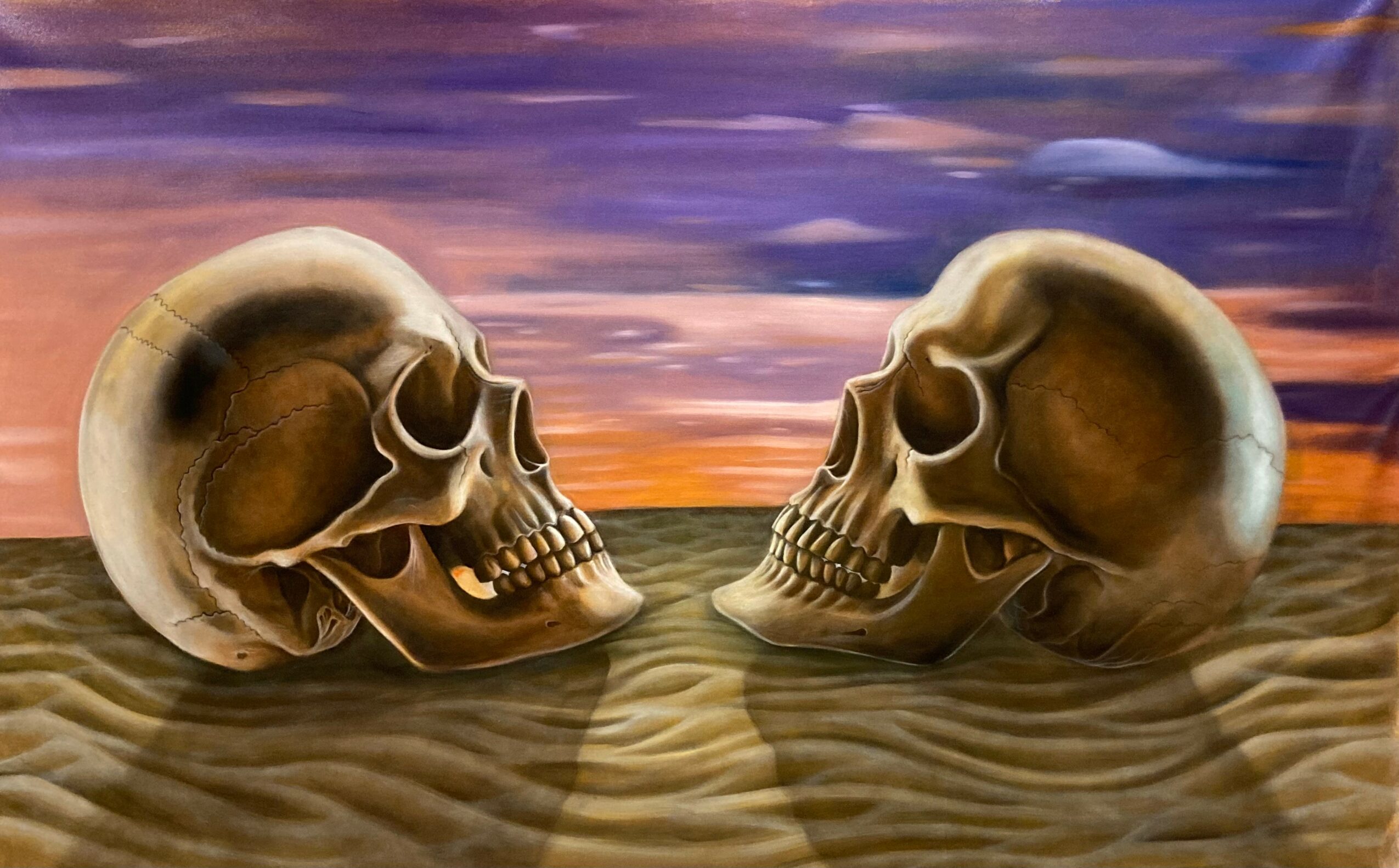 Two skulls facing each other on a textured surface with a colorful sunset sky background.