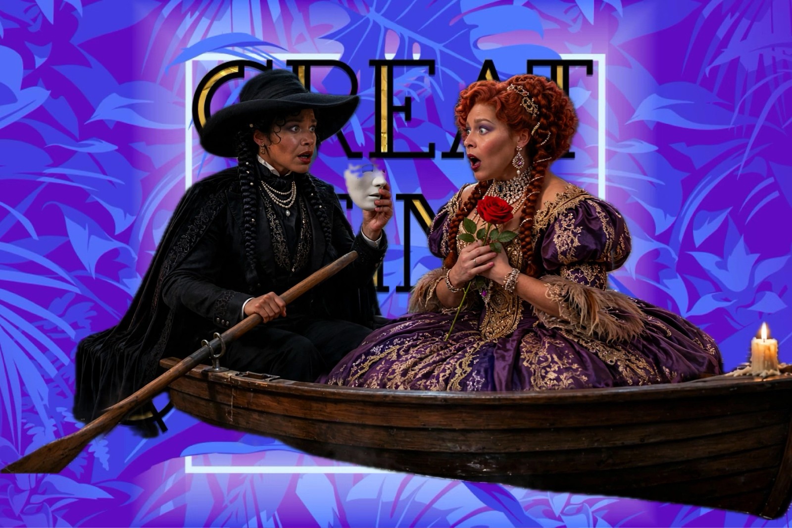 Two women in elaborate costumes sit in a boat, one holding a flower, against a purple background with text. Word count: 20