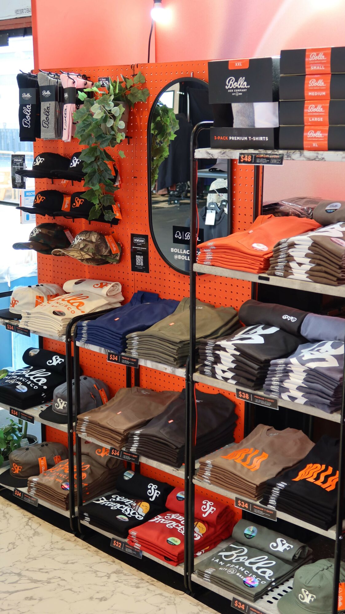 Display of shoes on shelves with a mirror and plant in the background, arranged in rows and various colors.
