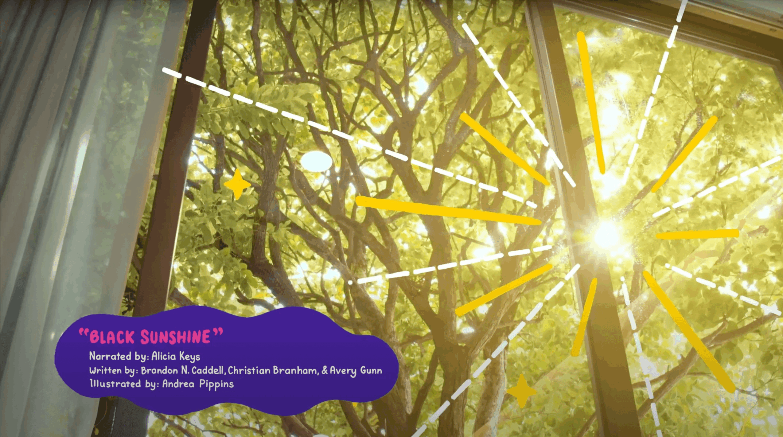 Sunlight streams through a window with trees outside, creating a bright, sunburst effect with yellow rays. Text overlay mentions 'Black Sunshine'.